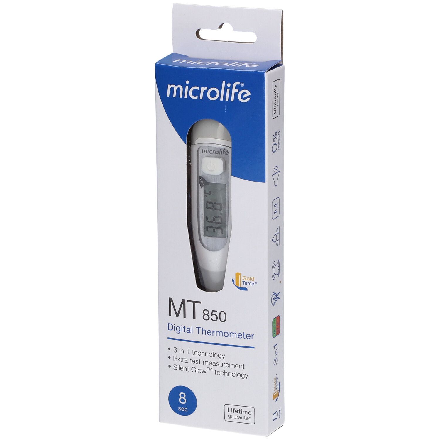 Thermomètre numérique MT 850 dans son emballage. Affichage de la température. Marque Microlife. Technologie 3 en 1, mesure rapide.