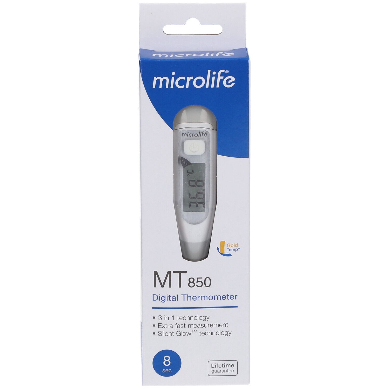 Thermomètre numérique MT 850 dans son emballage. Affichage de la température. Marque Microlife. Technologie 3 en 1.