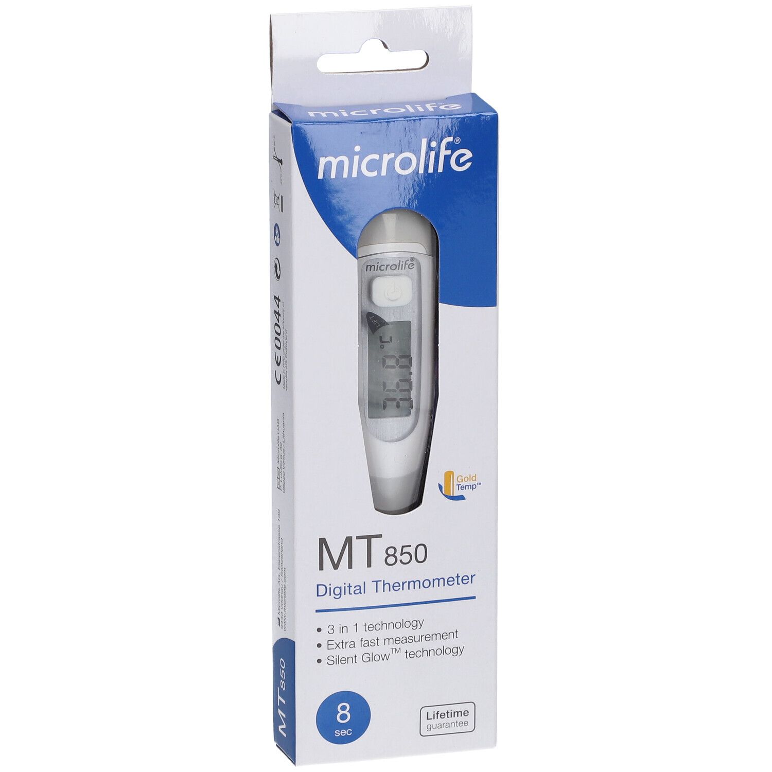 Thermomètre numérique MT 850 dans son emballage. Affichage de la température. Marque Microlife. Technologie 3 en 1.