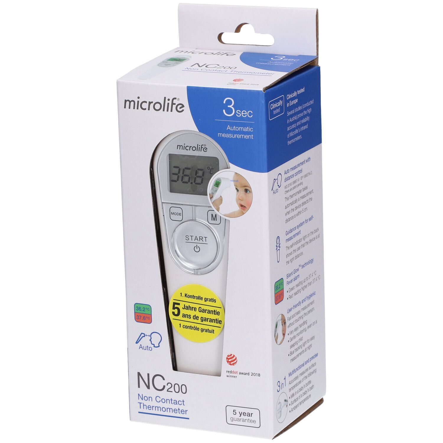 Verpackung des kontaktlosen Fieberthermometers NC200. Zeigt das Produkt und die Marke Microlife. 5 Jahre Garantie.