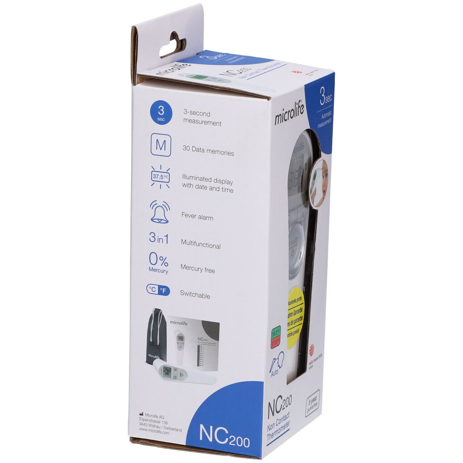 Verpackung des kontaktlosen Fieberthermometers NC200. Zeigt Produktmerkmale, wie 3-Sekunden-Messung und 30 Speicherplätze.
