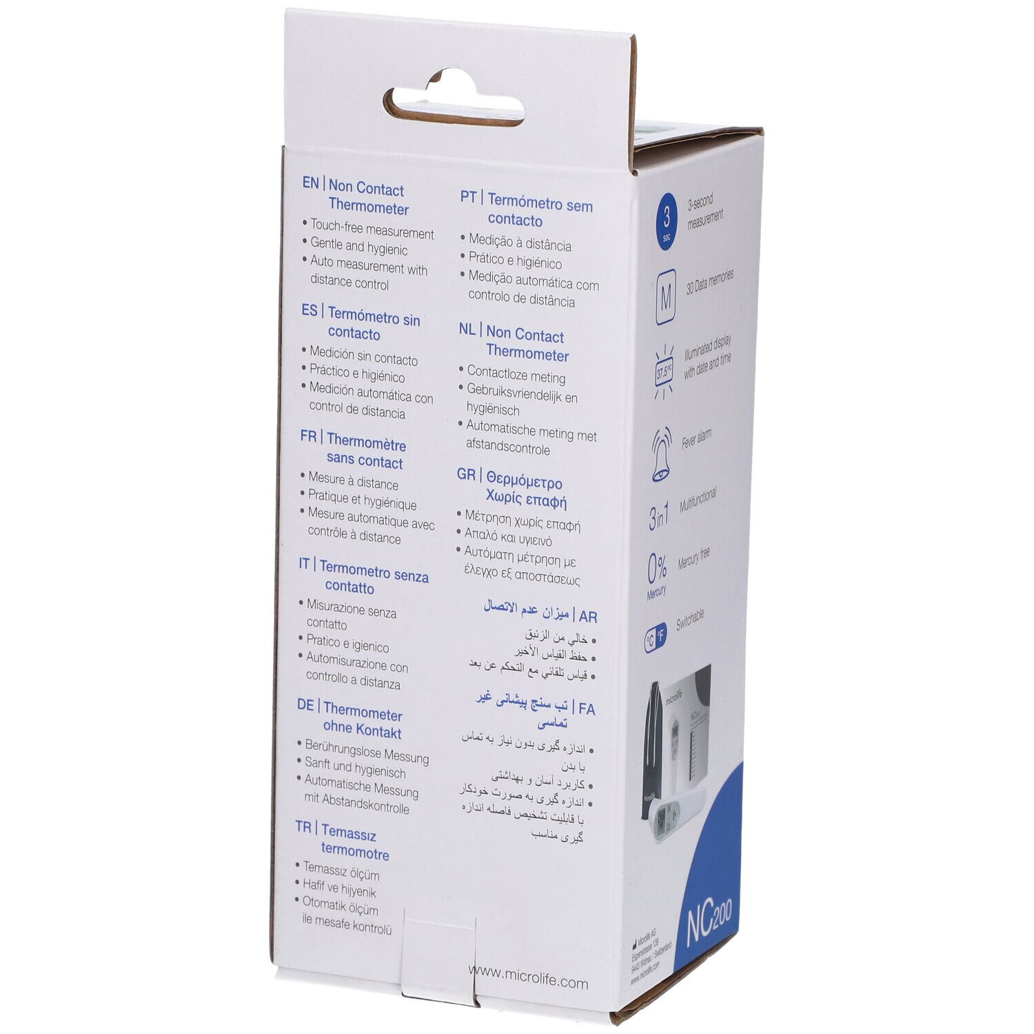 Rückseite der Verpackung des kontaktlosen Fieberthermometers NC200. Mehrsprachige Produktinformationen.