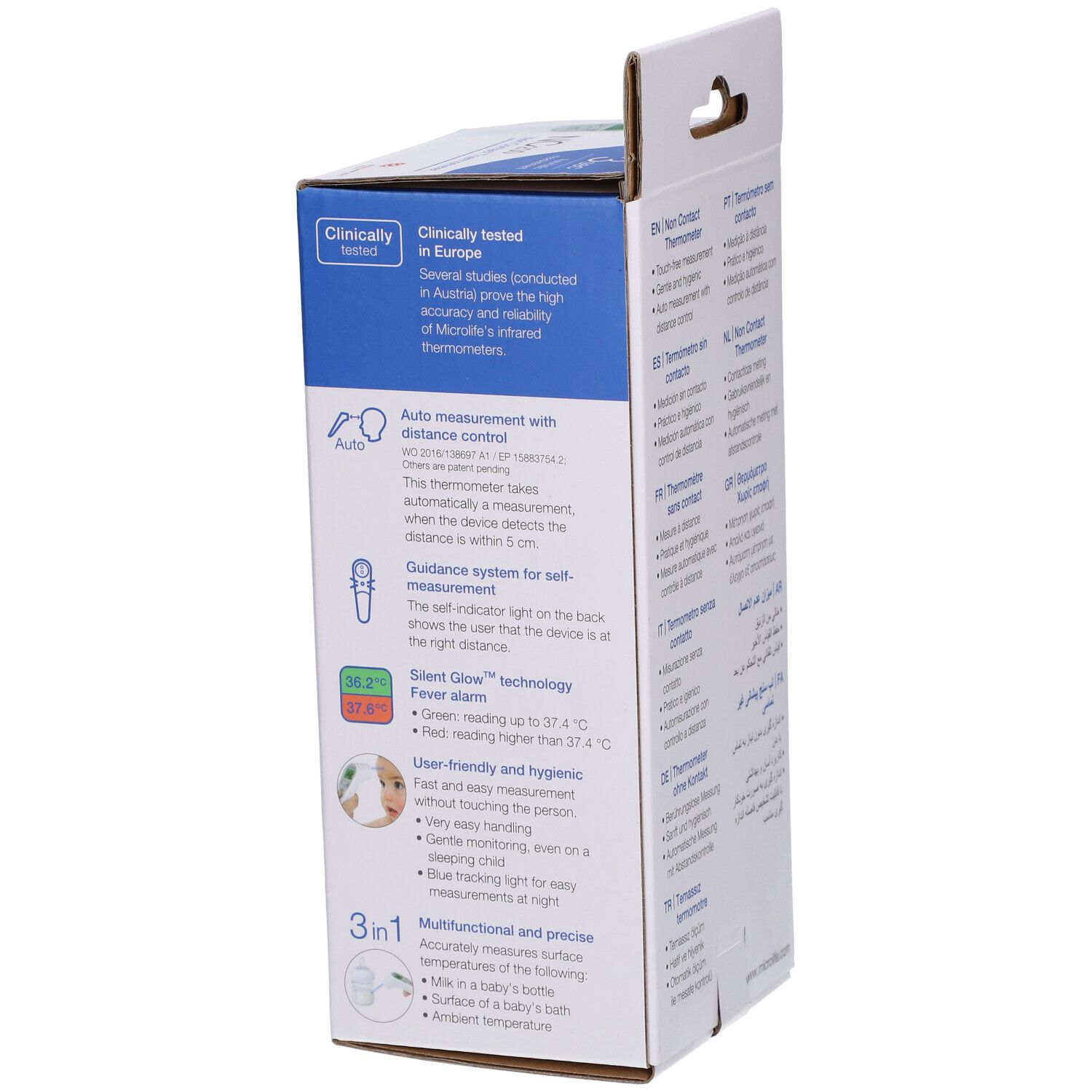 Seite der Verpackung des kontaktlosen Fieberthermometers NC200. Klinisch getestet, Silent Glow Technologie, 3-in-1-Funktion.
