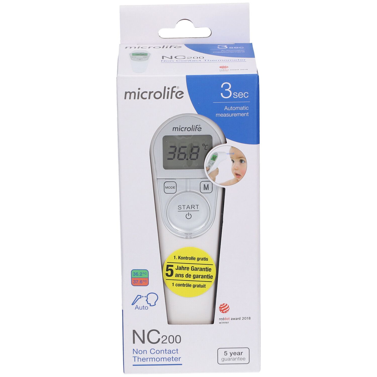 Vorderseite der Verpackung des kontaktlosen Fieberthermometers NC200. Zeigt das Produkt und die Marke Microlife. 5 Jahre Garantie.
