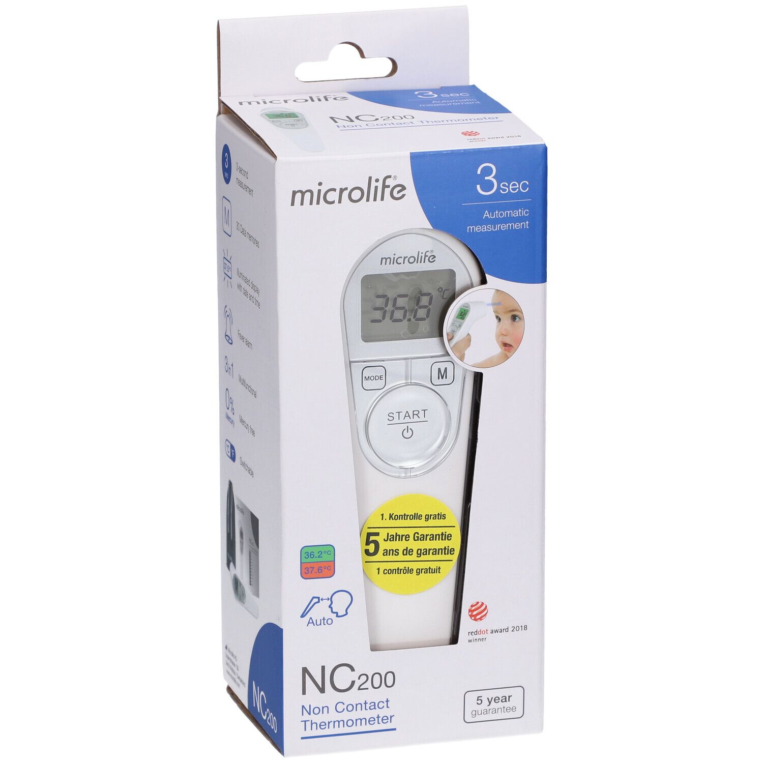 Vorderseite der Verpackung des kontaktlosen Fieberthermometers NC200. Zeigt das Produkt und die Marke Microlife. 5 Jahre Garantie.