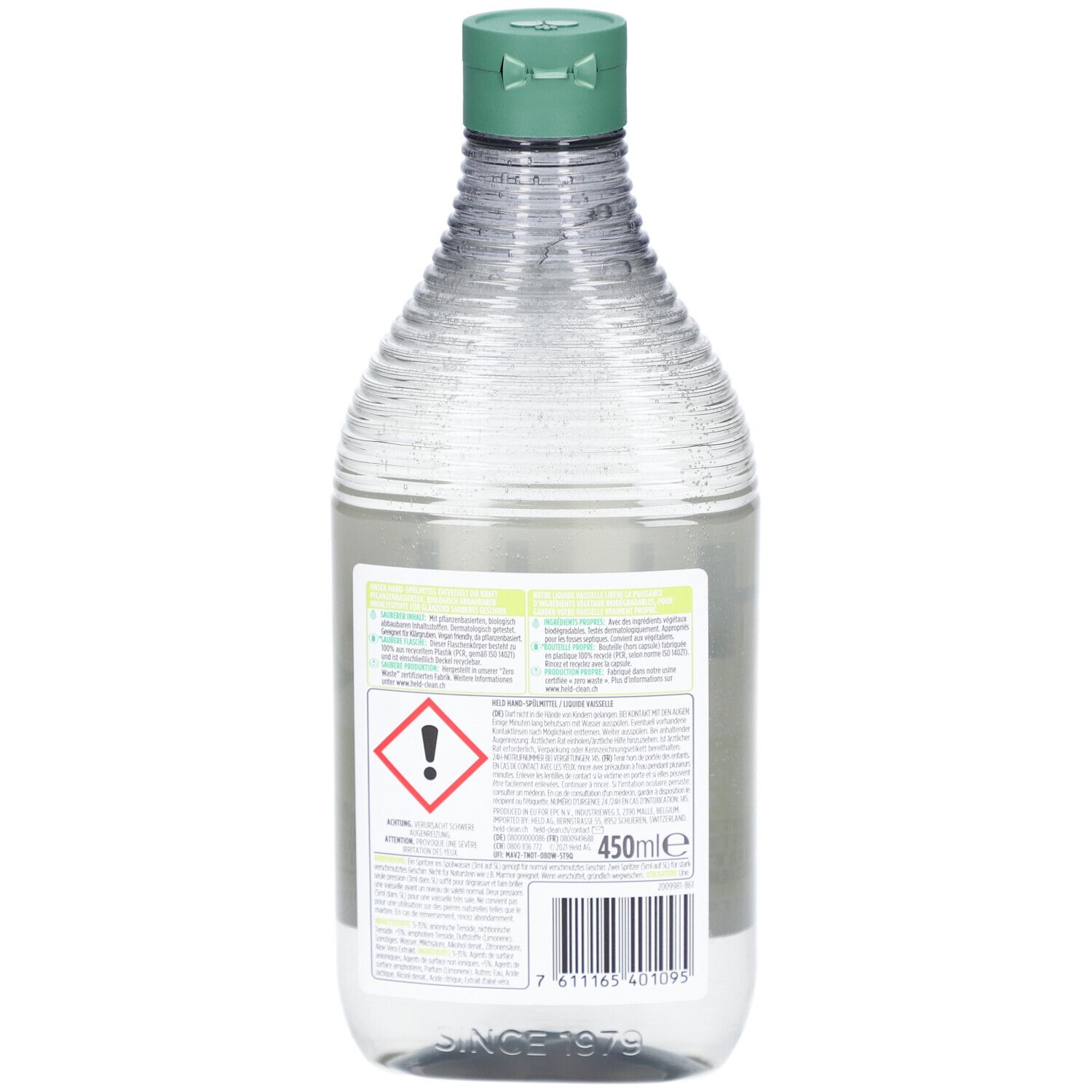 Rückseite der Held Geschirrspülmittelflasche. Enthält Warnhinweise, Barcode und Volumenangabe von 450ml.