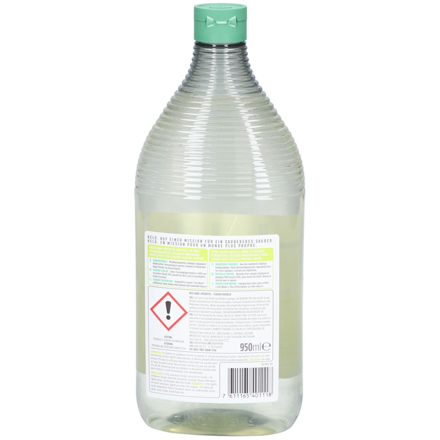 Transparente Flasche mit grünem Deckel. Rückseite mit Text und Warnhinweisen. Volumenangabe 950ml.
