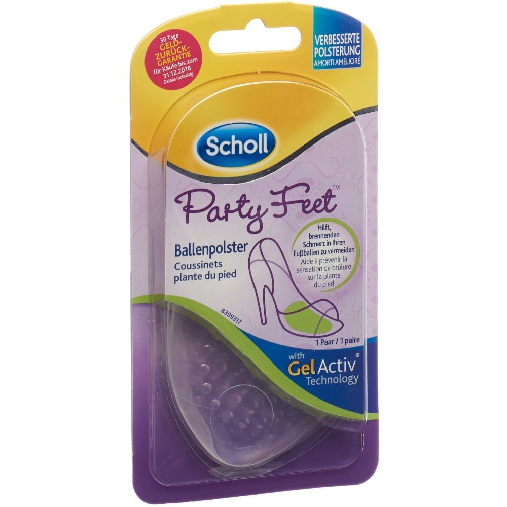 Scholl Party Feet Ballenpolster in Verpackung. Gel-Einlagen, transparente Form, mit GelActiv Technologie.