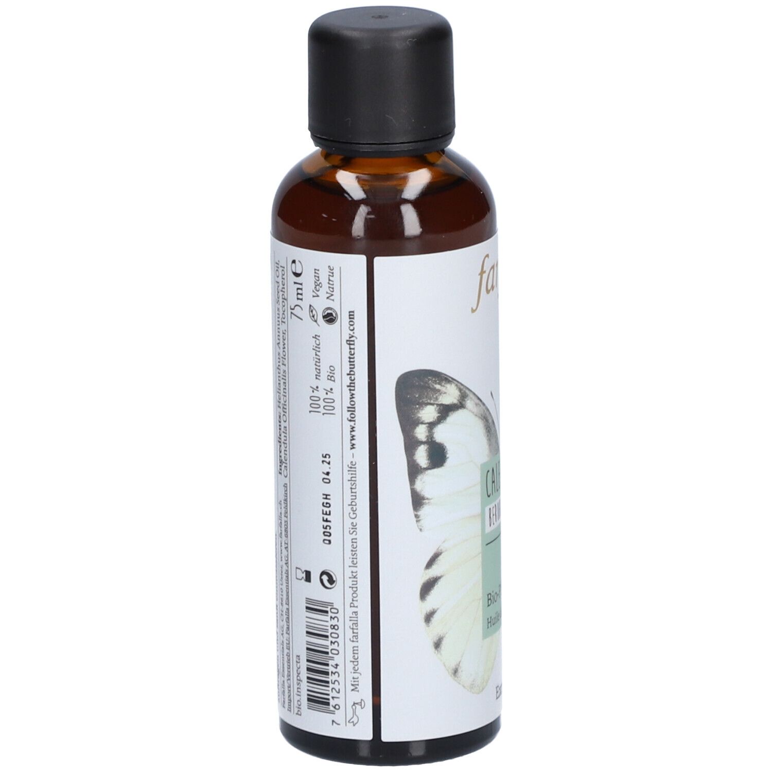 Braune Glasflasche mit schwarzem Deckel. Etikett mit Text: farfalla, 75 ml, 100% natürlich, 100% bio, vegan. Mit Barcode.