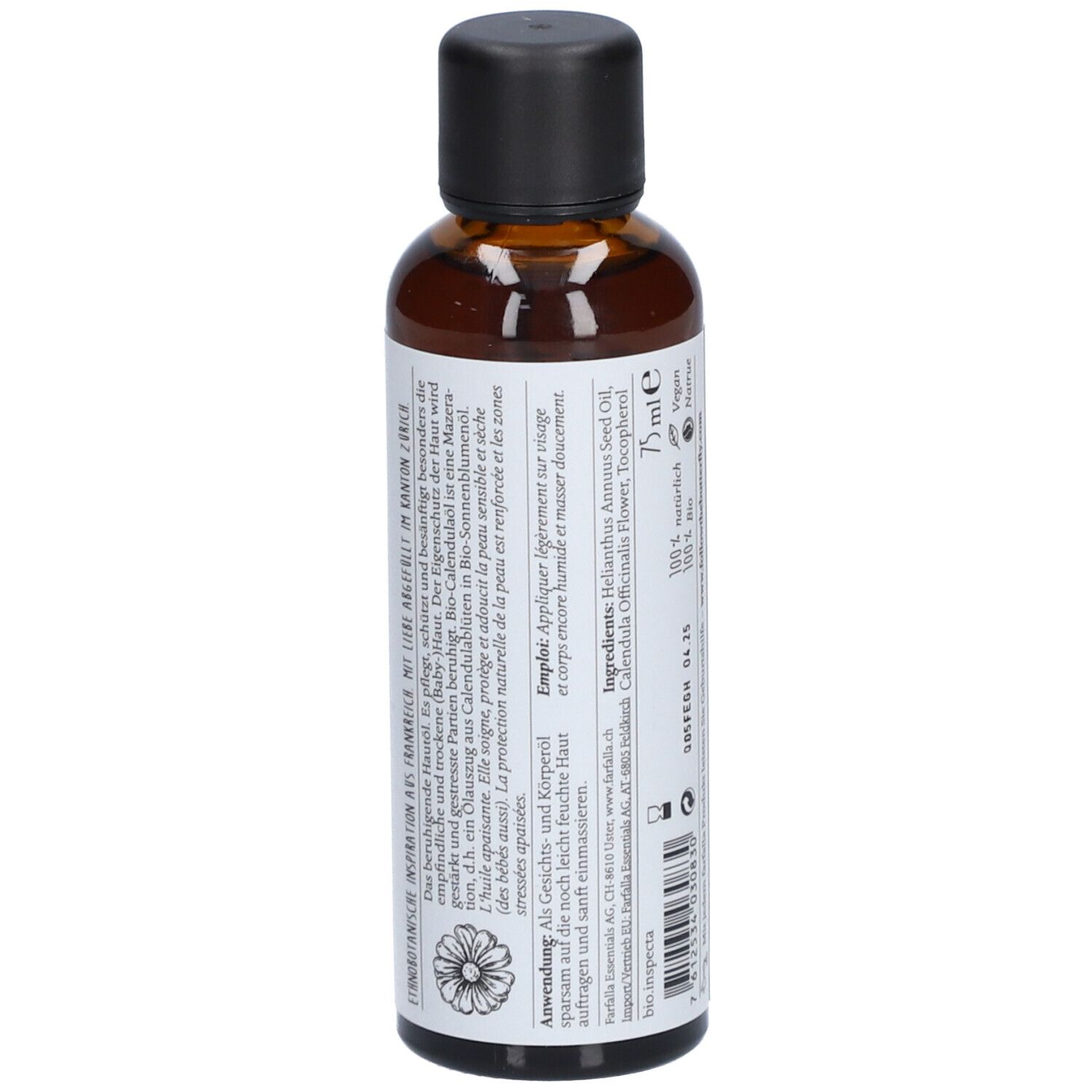 Braune Glasflasche mit schwarzem Deckel. Etikett mit Inhaltsstoffen: Helianthus Annuus Seed Oil, Calendula Officinalis Flower, Tocopherol.