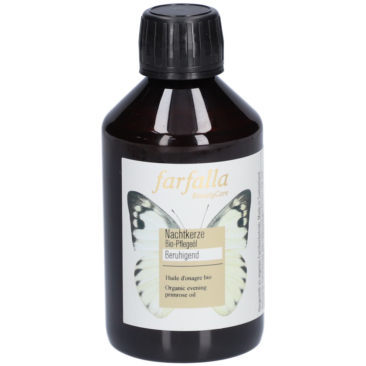 Flacon en verre brun avec bouchon noir. Étiquette avec papillon, texte: Nachtkerze Bio-Pflege, Beruhigend, Organic evening primrose oil.