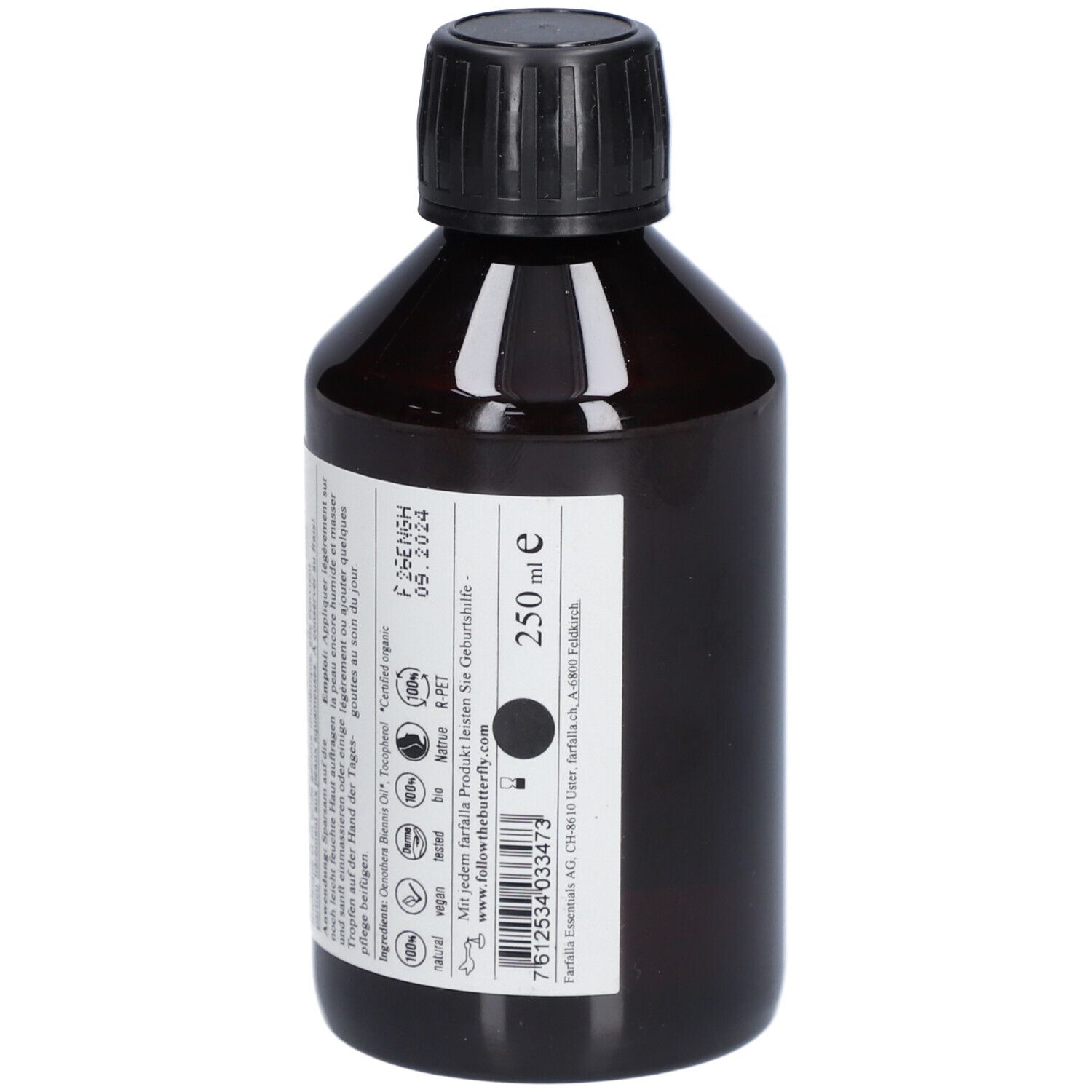 Flacon en verre brun avec bouchon noir. Dos avec texte et 250 ml. Inscription: Farfalla, Bio, vegan, PET.