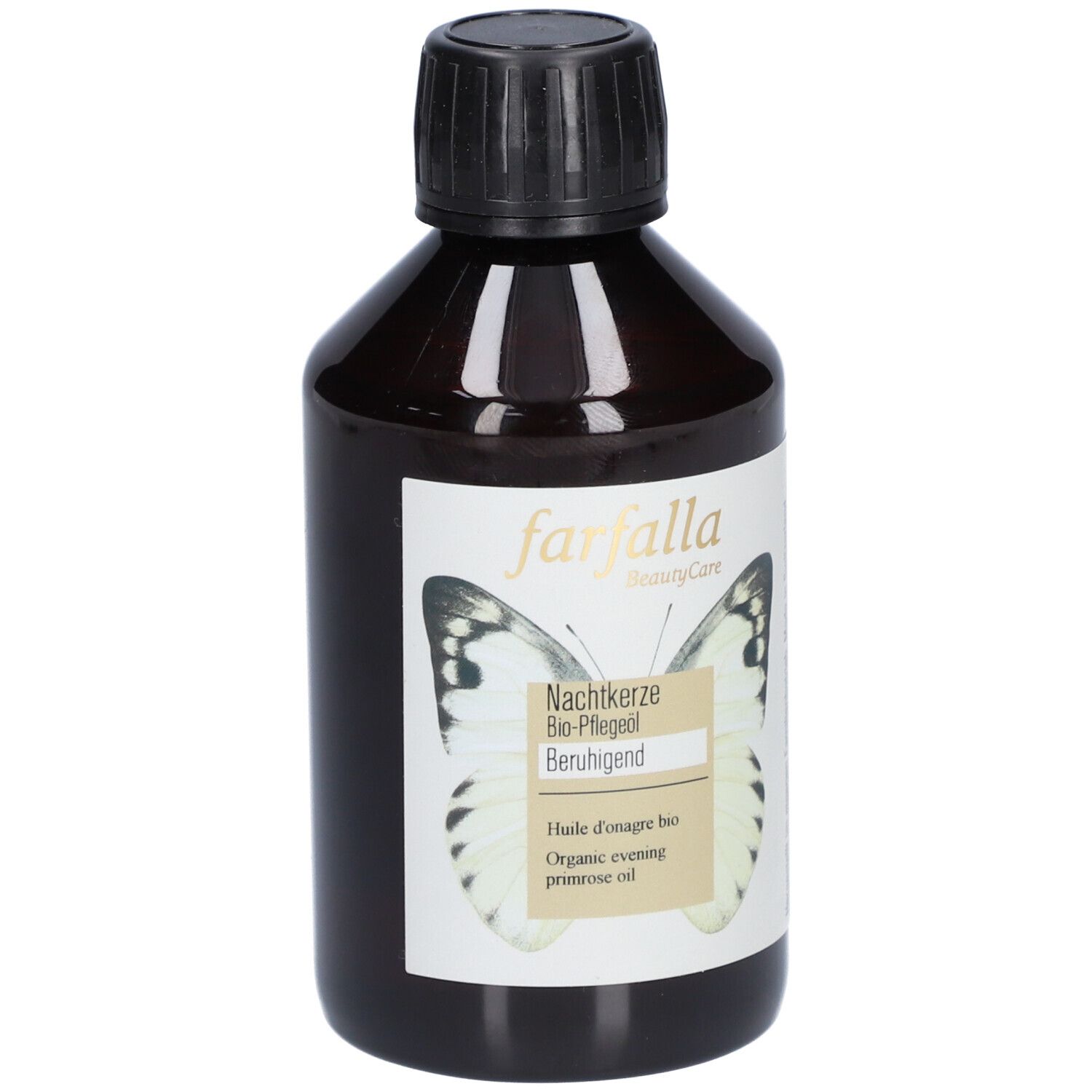 Flacon en verre brun avec bouchon noir. Étiquette avec papillon, texte: Nachtkerze Bio-Pflege, Beruhigend, Organic evening primrose oil.