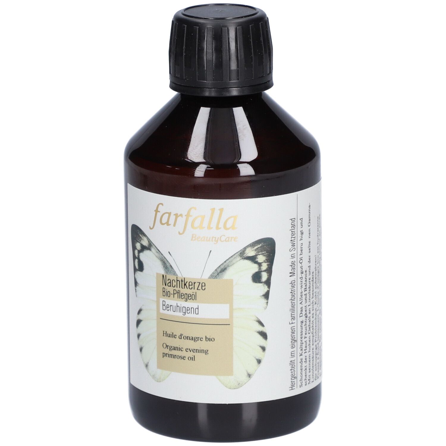 Flacon en verre brun avec bouchon noir. Étiquette avec papillon, texte: Nachtkerze Bio-Pflege, Beruhigend, Organic evening primrose oil.