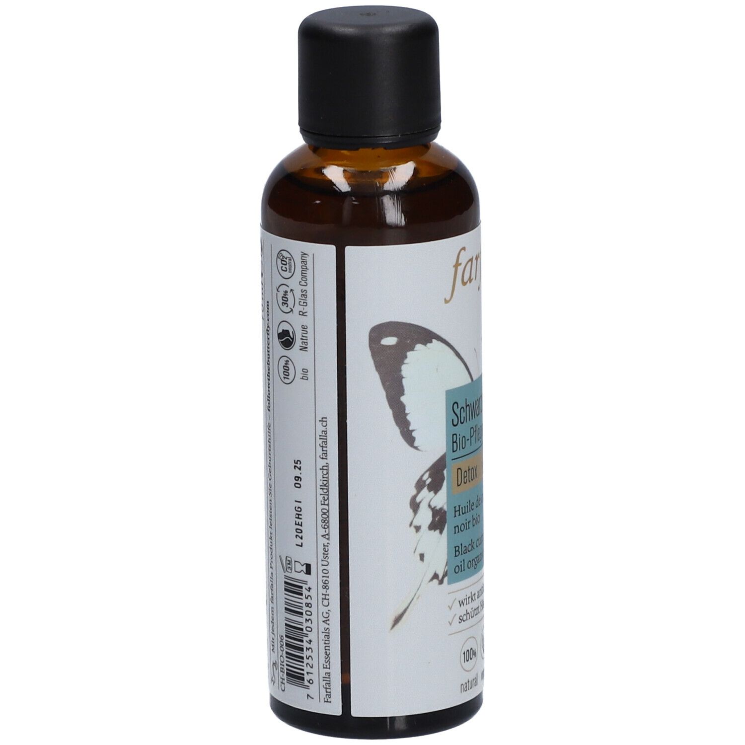 Braune Glasflasche mit schwarzem Deckel. Etikett mit Produktinformationen, Barcode und Herstelleradresse.