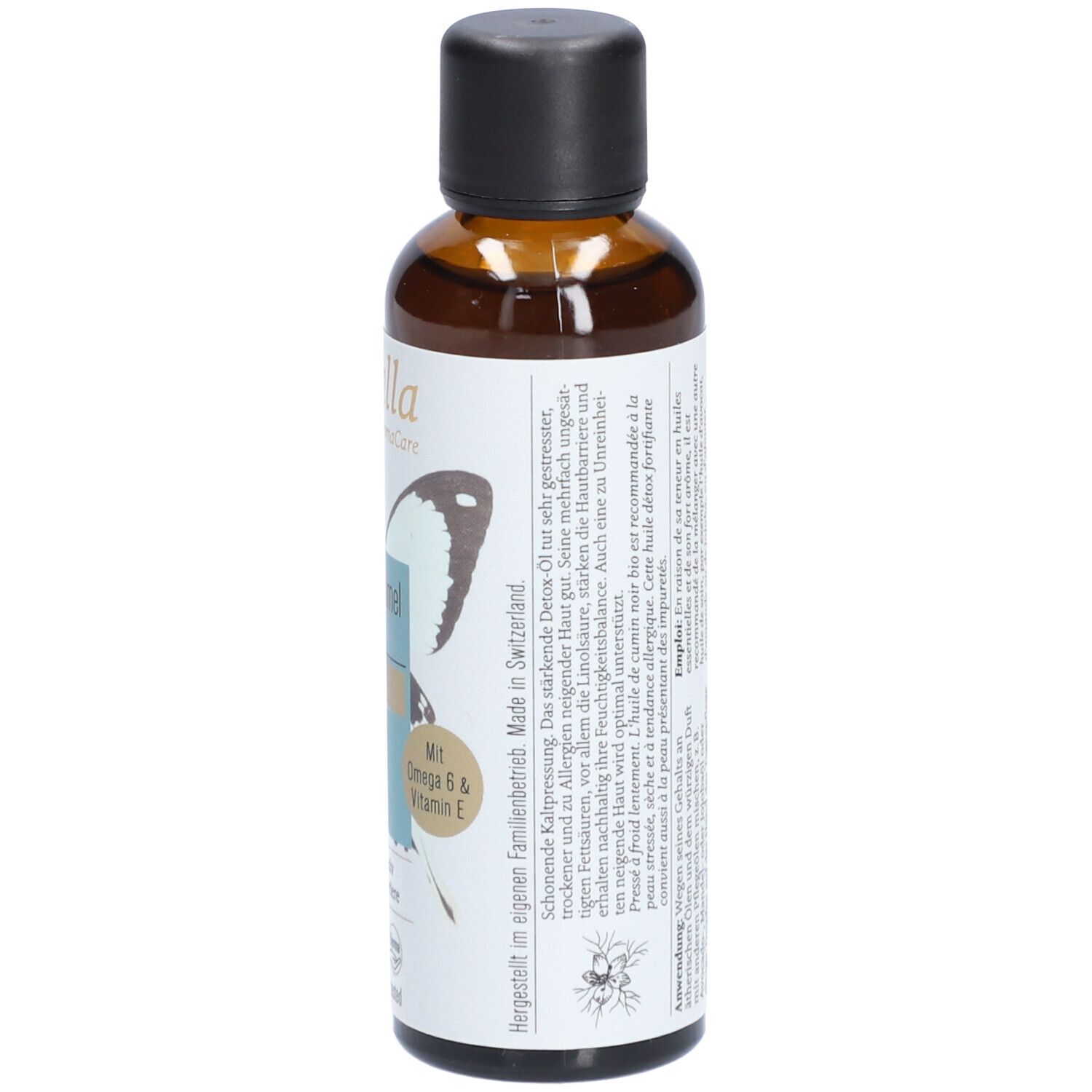 Braune Glasflasche mit schwarzem Deckel. Etikett mit Produktinformationen und Text in mehreren Sprachen.