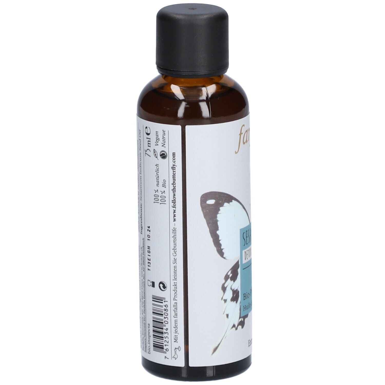 Braune Glasflasche mit schwarzem Deckel. Etikett mit Text und Logo. 75 ml. 100% natürlich, 100% bio, vegan.