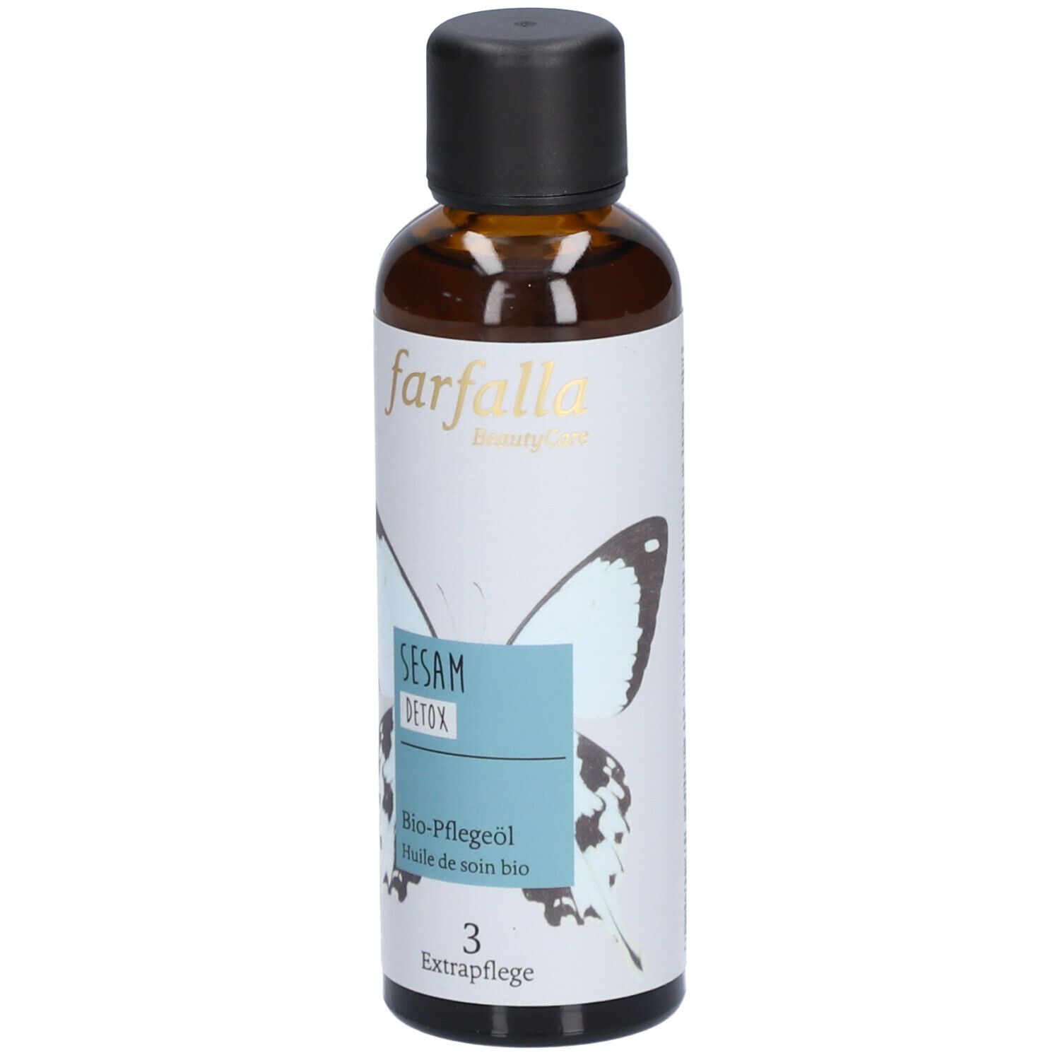 Braune Glasflasche mit schwarzem Deckel. Etikett mit farfalla-Logo, Schmetterling und Text: Sesam Detox, Bio-Pflegeöl.