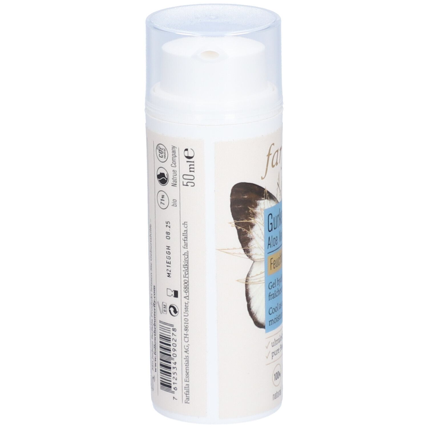 Rückseite der Flasche mit Produktinformationen, Inhaltsstoffen und Zertifizierungen. 50ml.