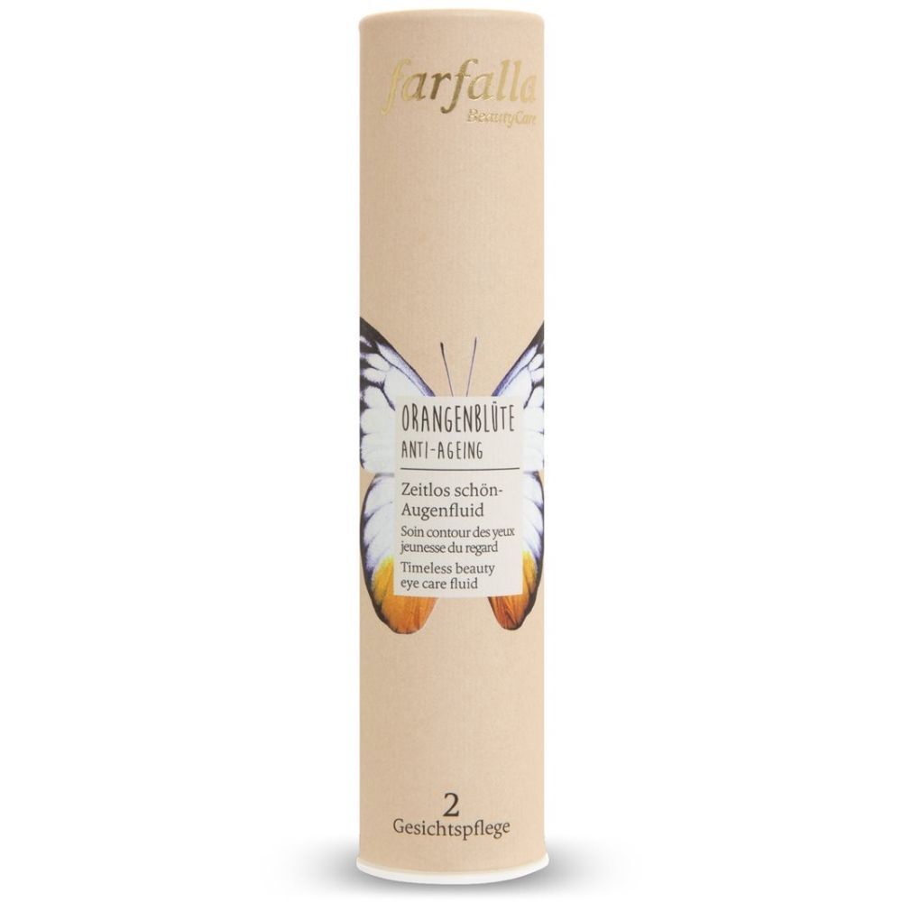 Zylindrische Verpackung. Aufschrift: Orangenblüte Anti-Ageing Augenfluid. Mit Schmetterlingsmotiv. Marke: farfalla.