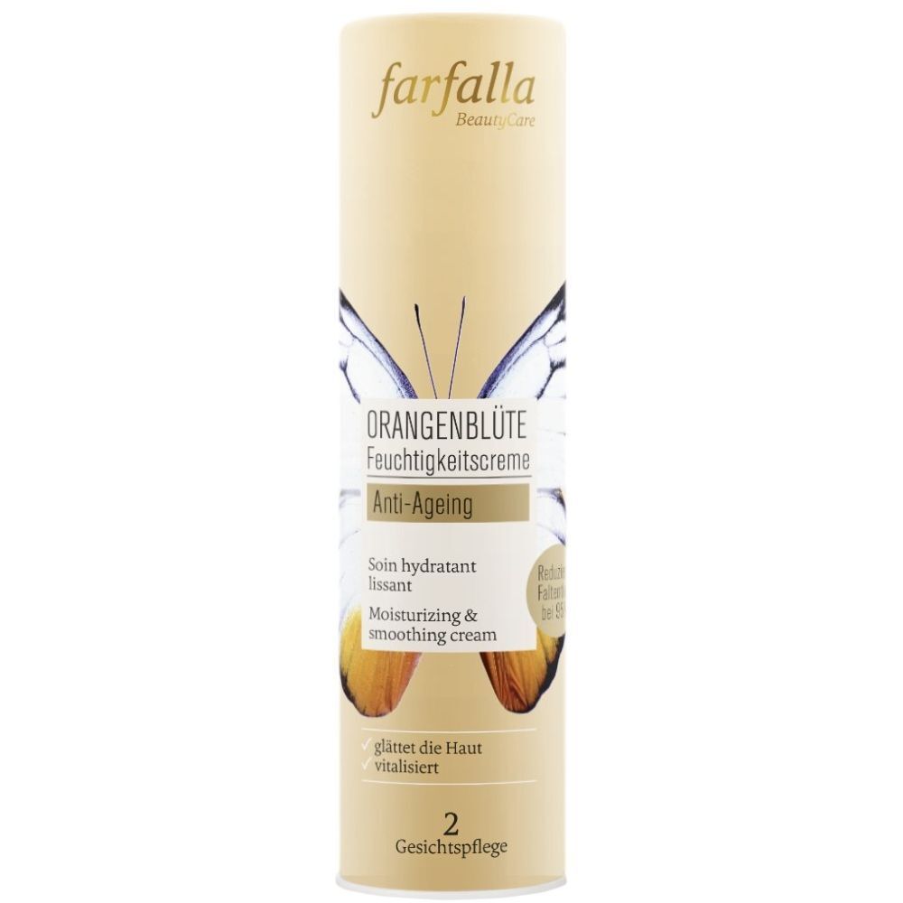Zylindrische Verpackung mit Produktinformationen. Oben steht "farfalla". Darunter "ORANGENBLÜTE Feuchtigkeitscreme Anti-Ageing".
