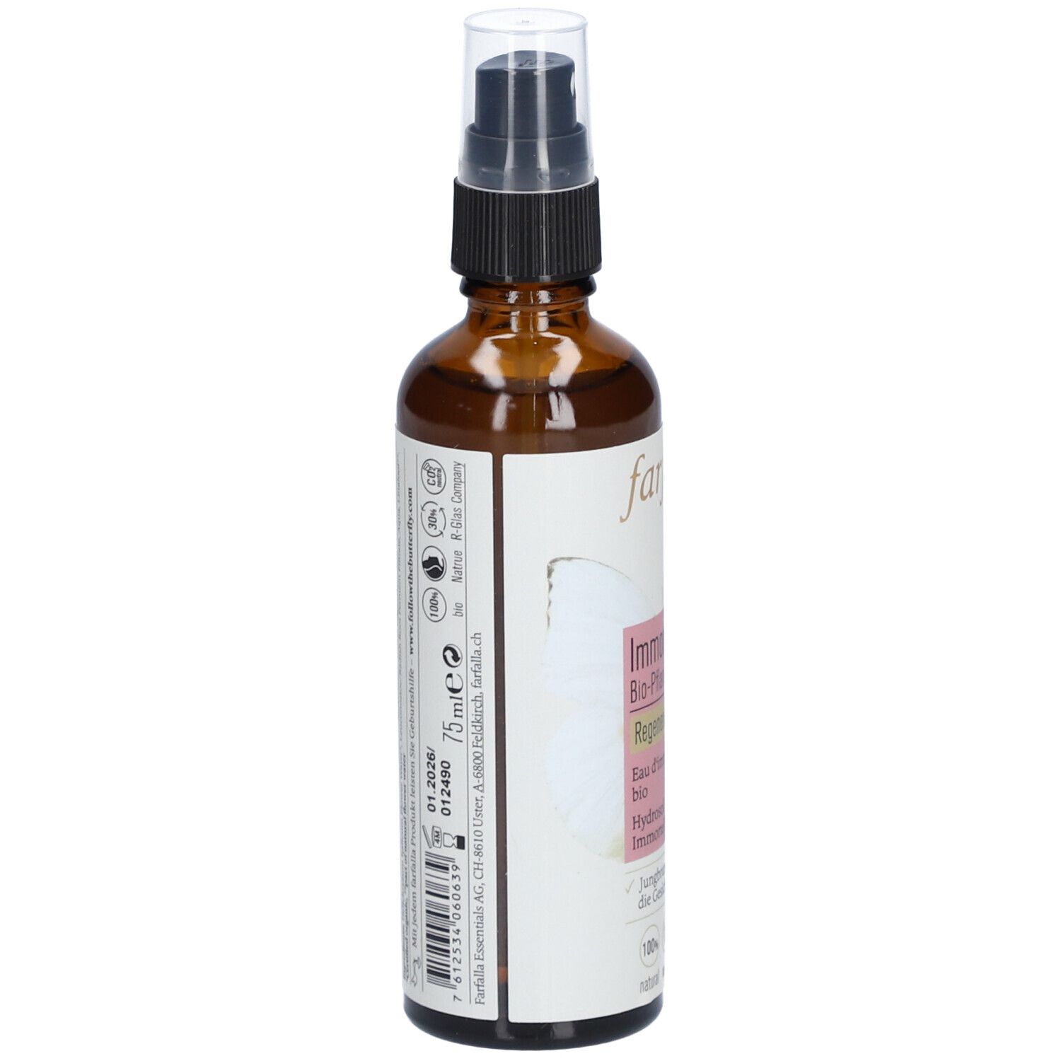 Braune Glasflasche mit Sprühkopf. Etikett mit Produktinformationen und Logos. 75 ml.
