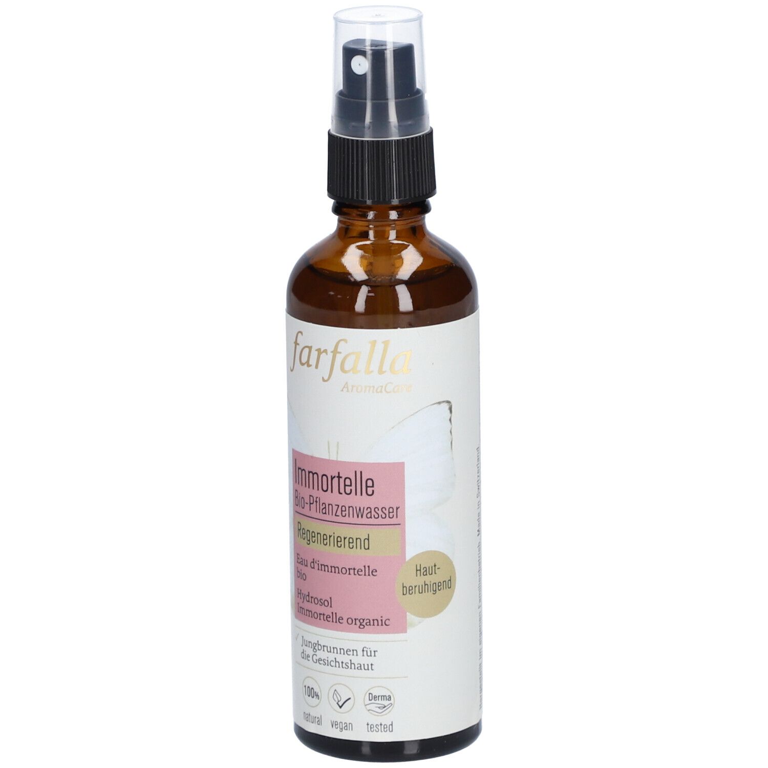 Braune Glasflasche mit Sprühkopf. Etikett mit Produktnamen und Logos. "Immortelle Bio-Pflanzenwasser".
