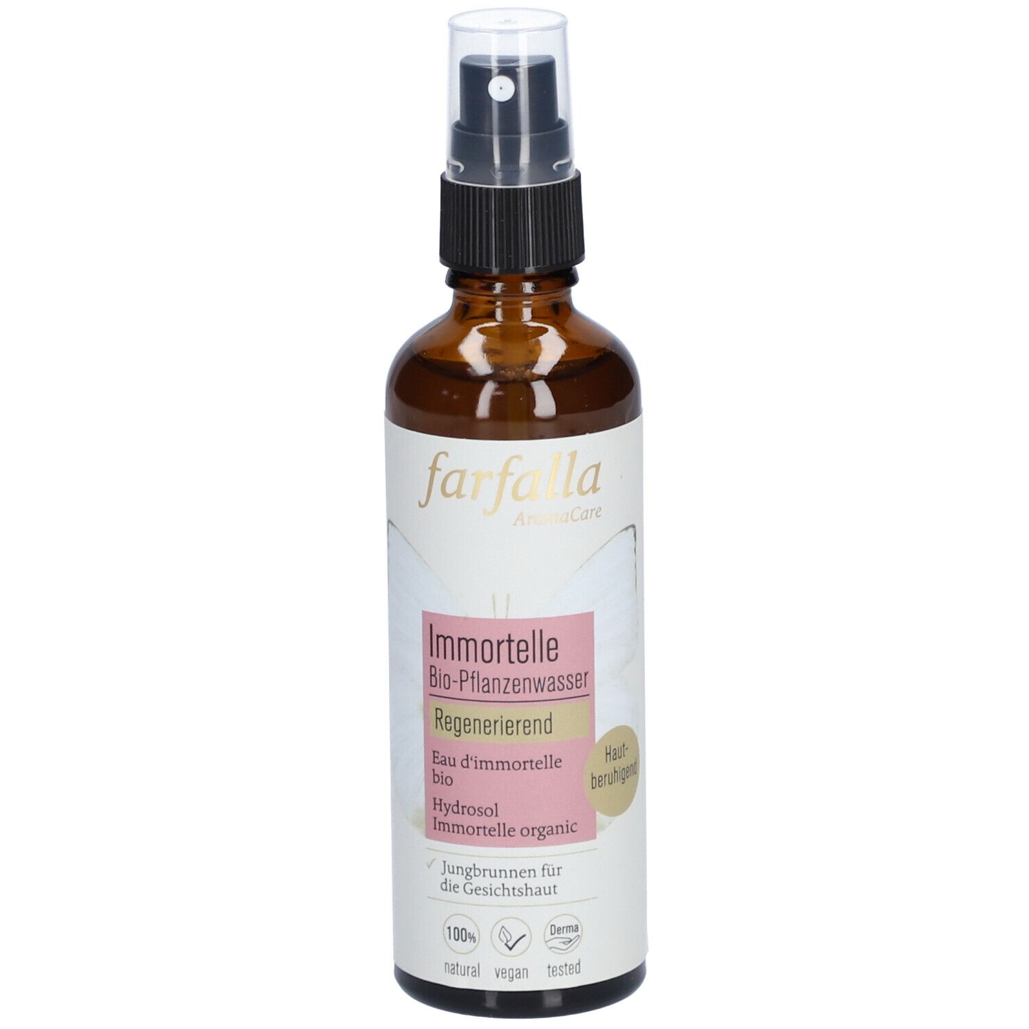 Braune Glasflasche mit Sprühkopf. Etikett mit Produktnamen und Logos. "Immortelle Bio-Pflanzenwasser".