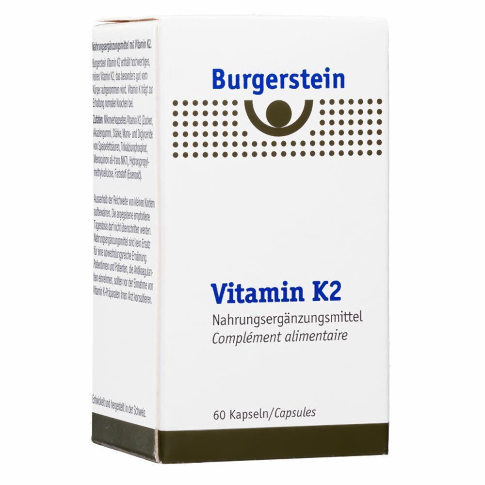 Weiße Schachtel mit Burgerstein-Logo und Aufschrift Vitamin K2. Enthält 60 Kapseln. Nahrungsergänzungsmittel.