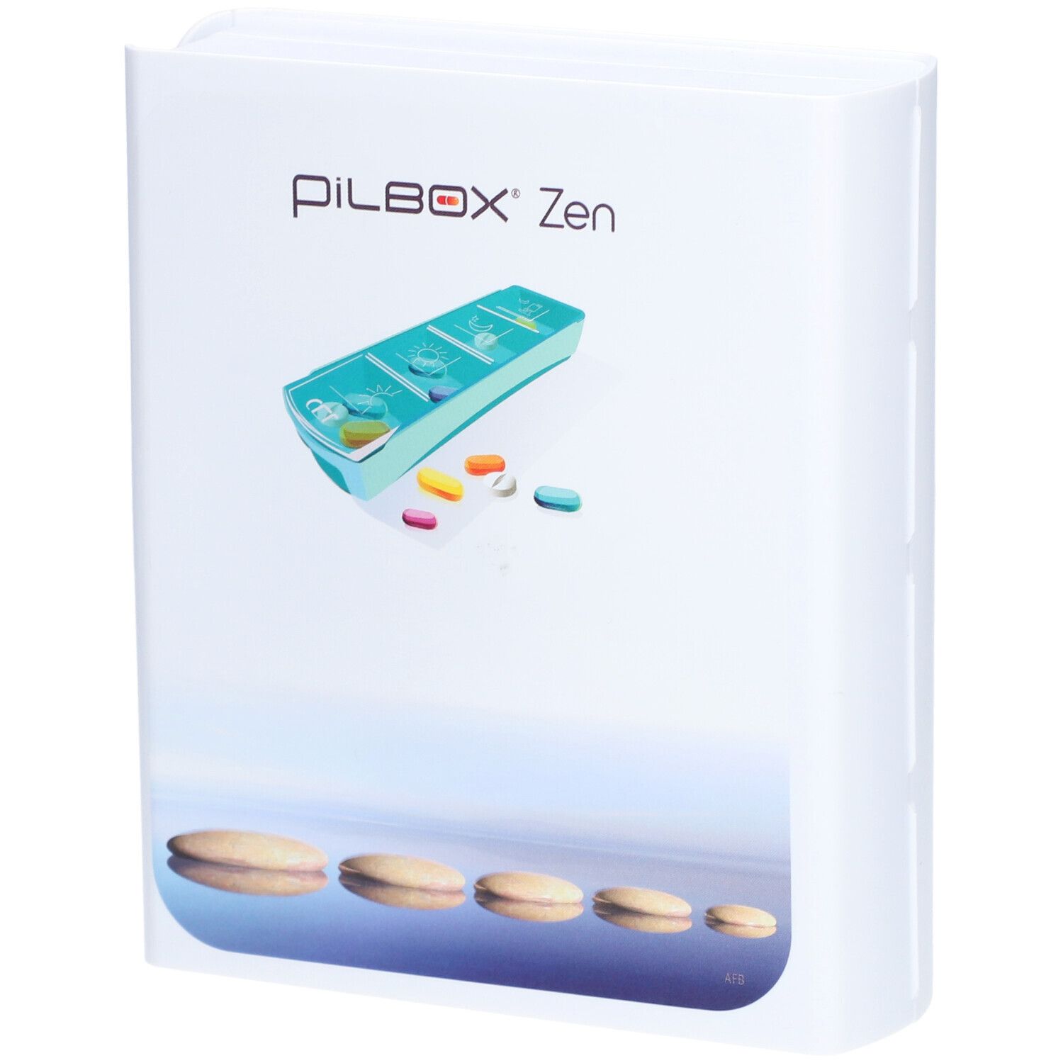 Pilulier blanc avec le nom Pilbox Zen®. L'image montre le pilulier et des pilules.