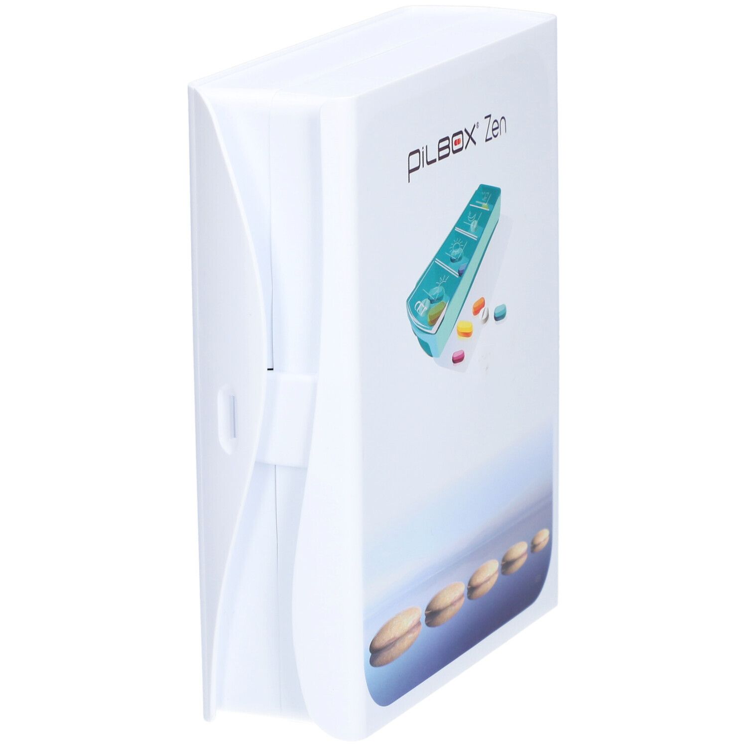 Pilulier blanc fermé avec le nom Pilbox Zen®. L'image montre le pilulier et des pilules.