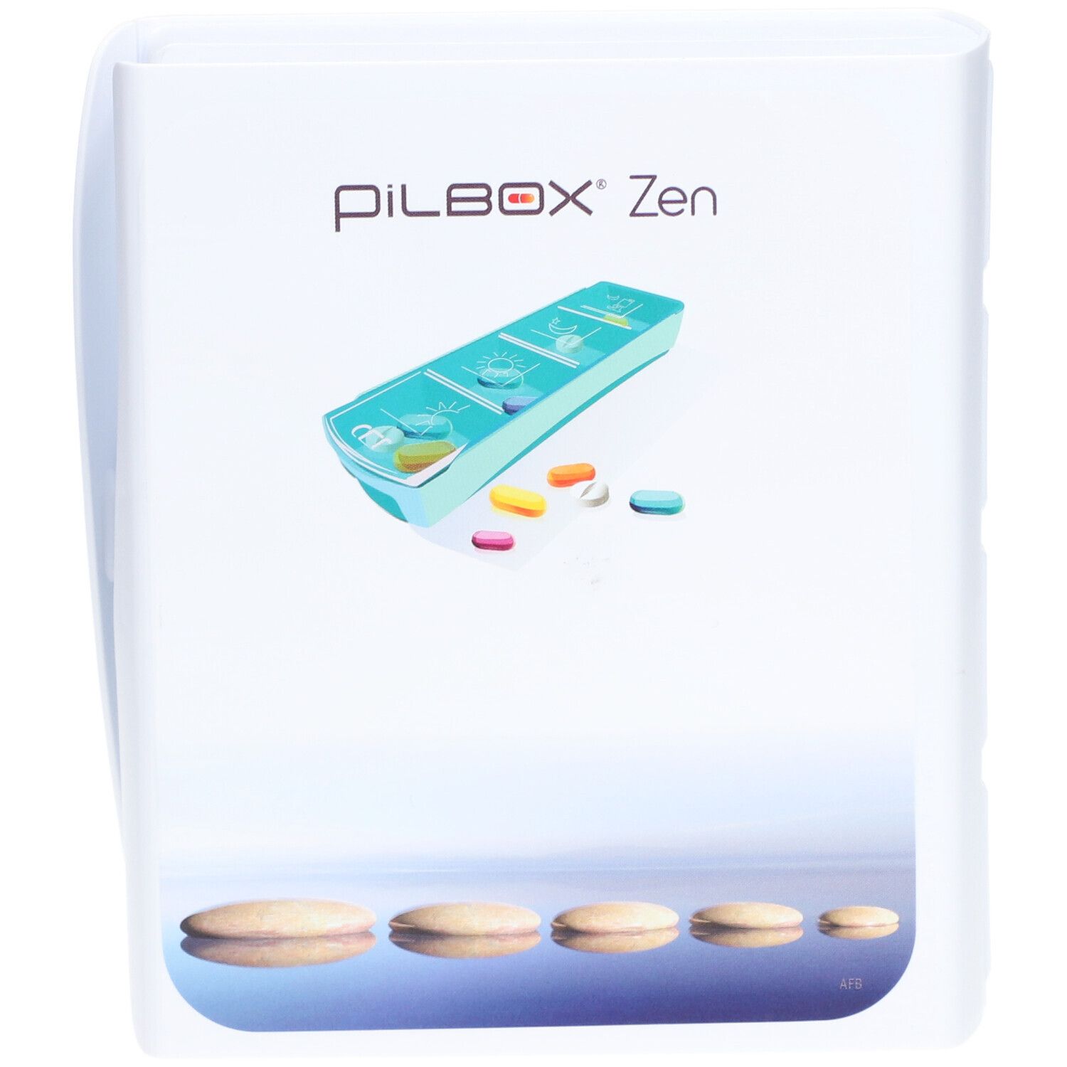Pilulier blanc avec le nom Pilbox Zen®. L'image montre le pilulier et des pilules.