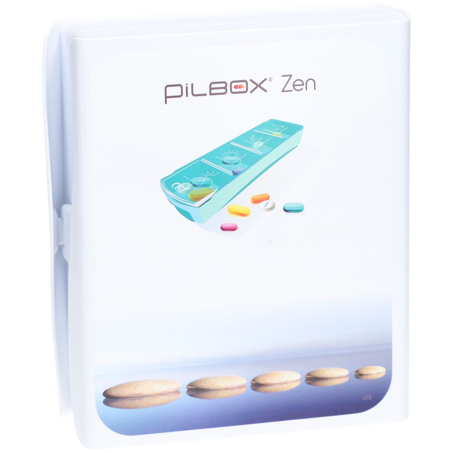 Pilulier blanc avec le nom Pilbox Zen®. L'image montre le pilulier et des pilules.