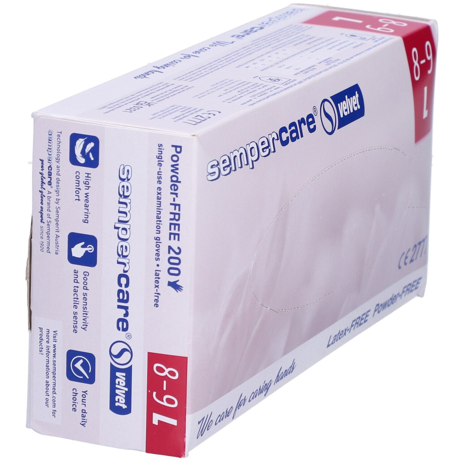 Boîte de gants sempercare® velvet, taille L. Inscriptions : Latex-FREE, Powder-FREE, 200 pièces, taille 8-9 L.