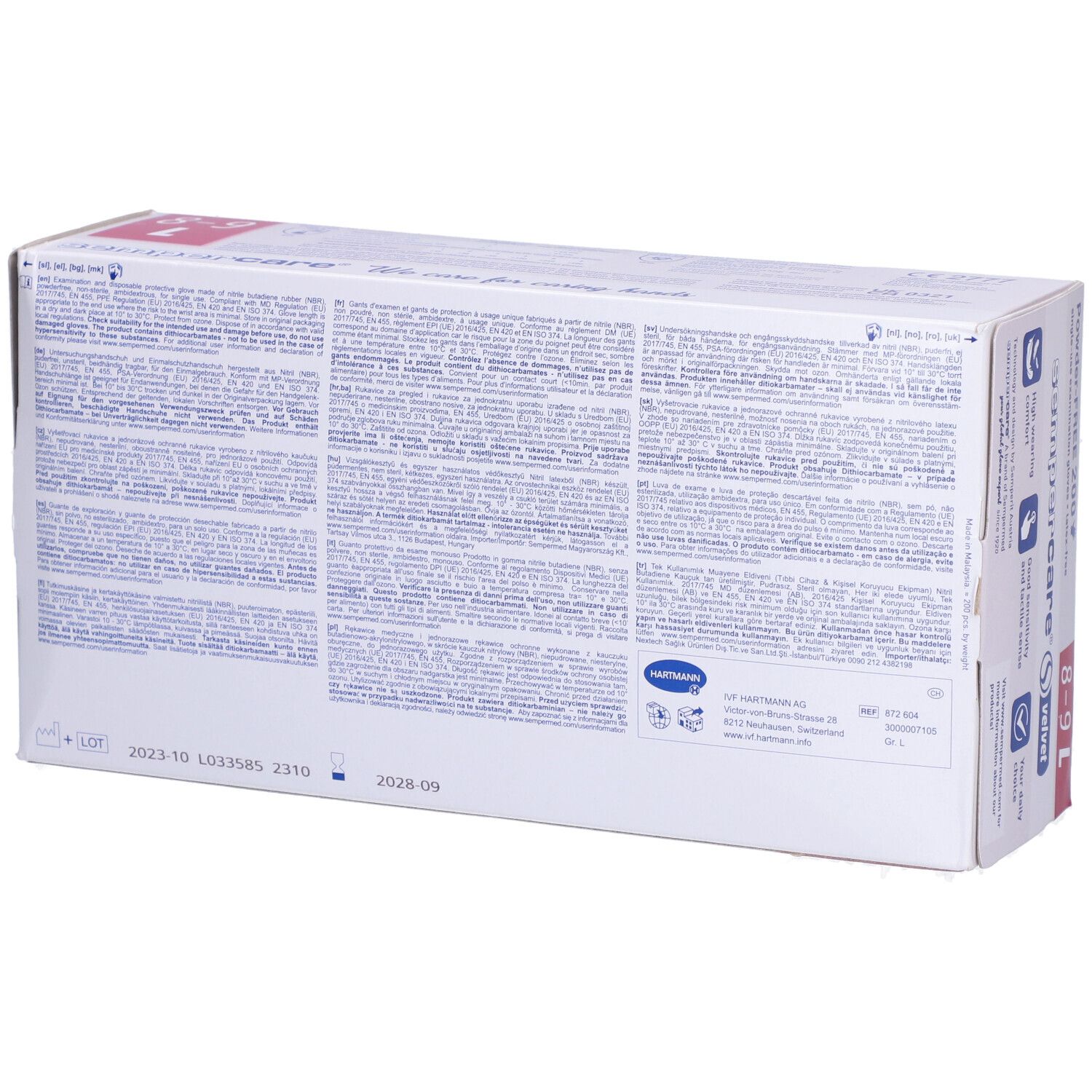 Dos de la boîte de gants sempercare® velvet. Texte en plusieurs langues. Marquage CE.