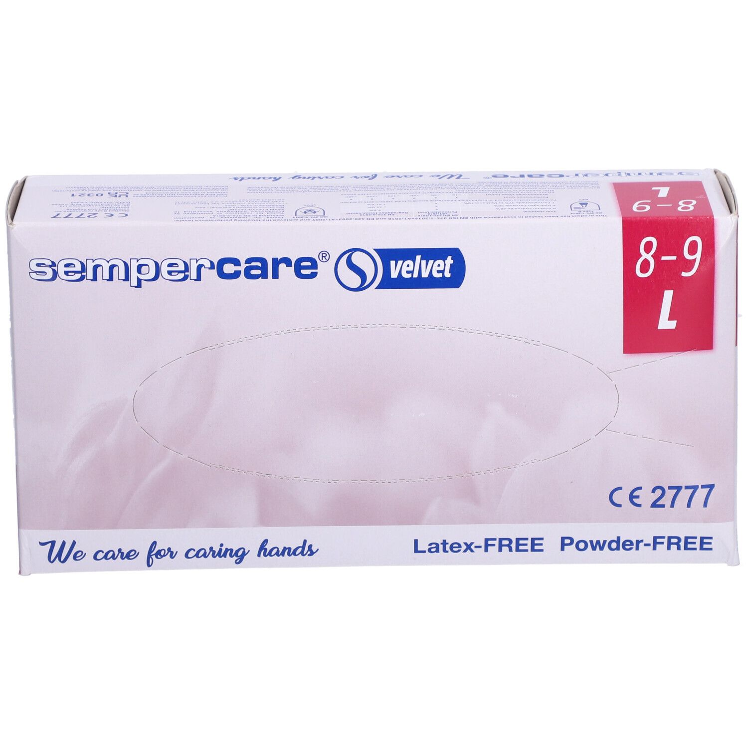 Boîte de gants sempercare® velvet, taille L. Inscriptions : Latex-FREE, Powder-FREE, CE 2777, taille 8-9 L.