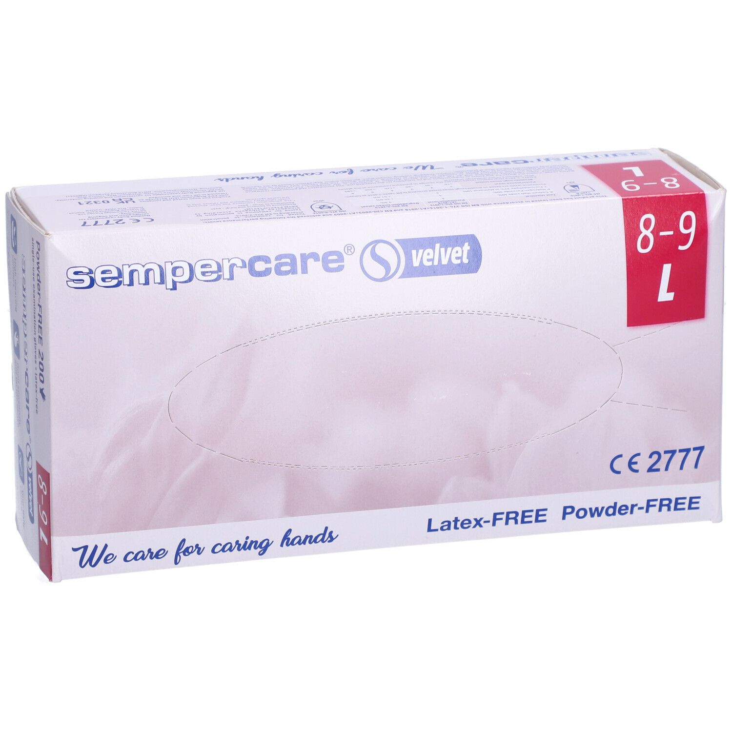 Boîte de gants sempercare® velvet, taille L. Inscriptions : Latex-FREE, Powder-FREE, CE 2777, taille 8-9 L.