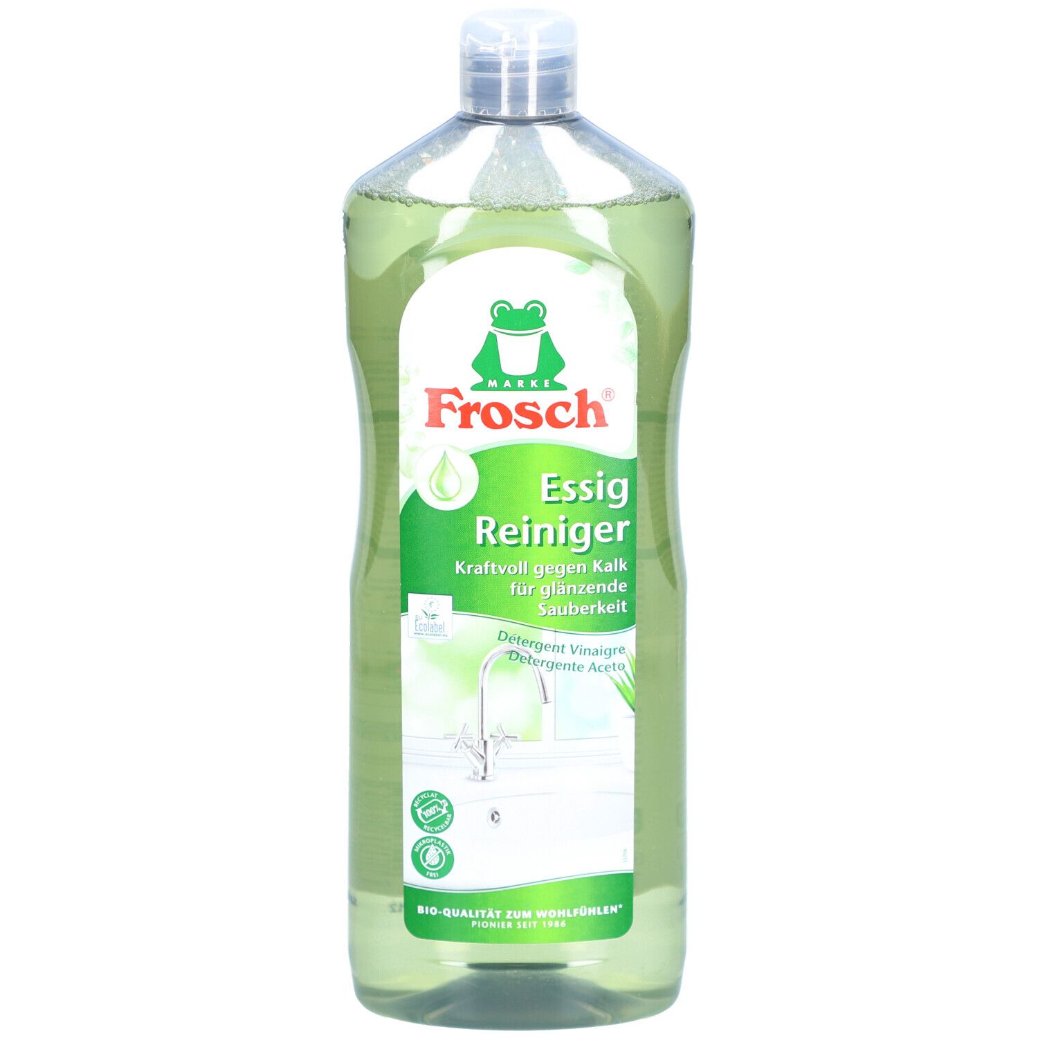Flasche FROSCH Essig Reiniger. Grünliche Flüssigkeit. Weißes Etikett mit Frosch-Logo und Produktinformationen.