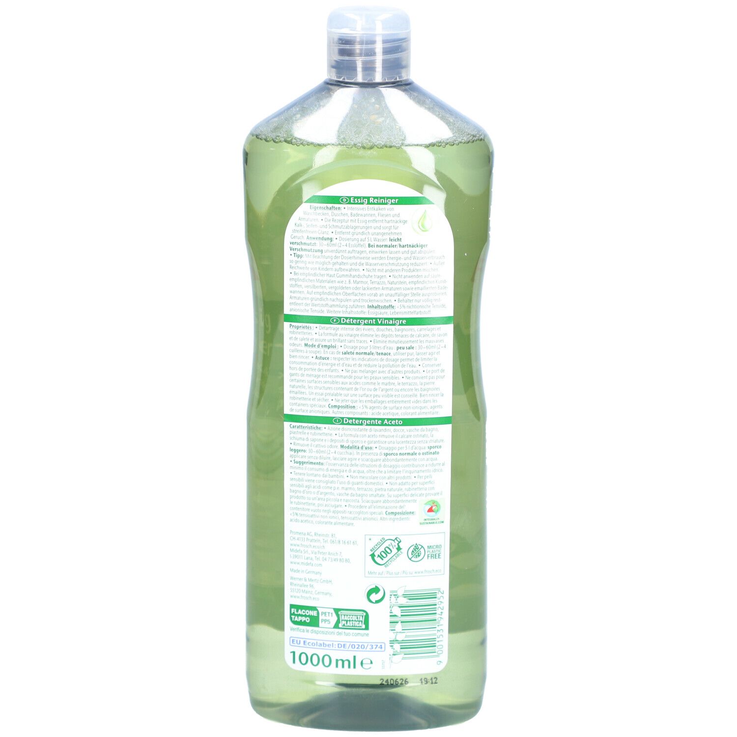 Rückansicht der FROSCH Essig Reiniger Flasche. Etikett mit Text in mehreren Sprachen. Grüne Flüssigkeit sichtbar.