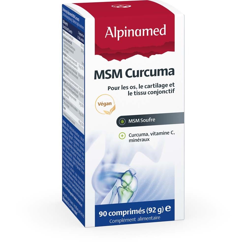 Alpinamed MSM Curcuma, 90 comprimés. Boîte. Inscription française. Vegan.