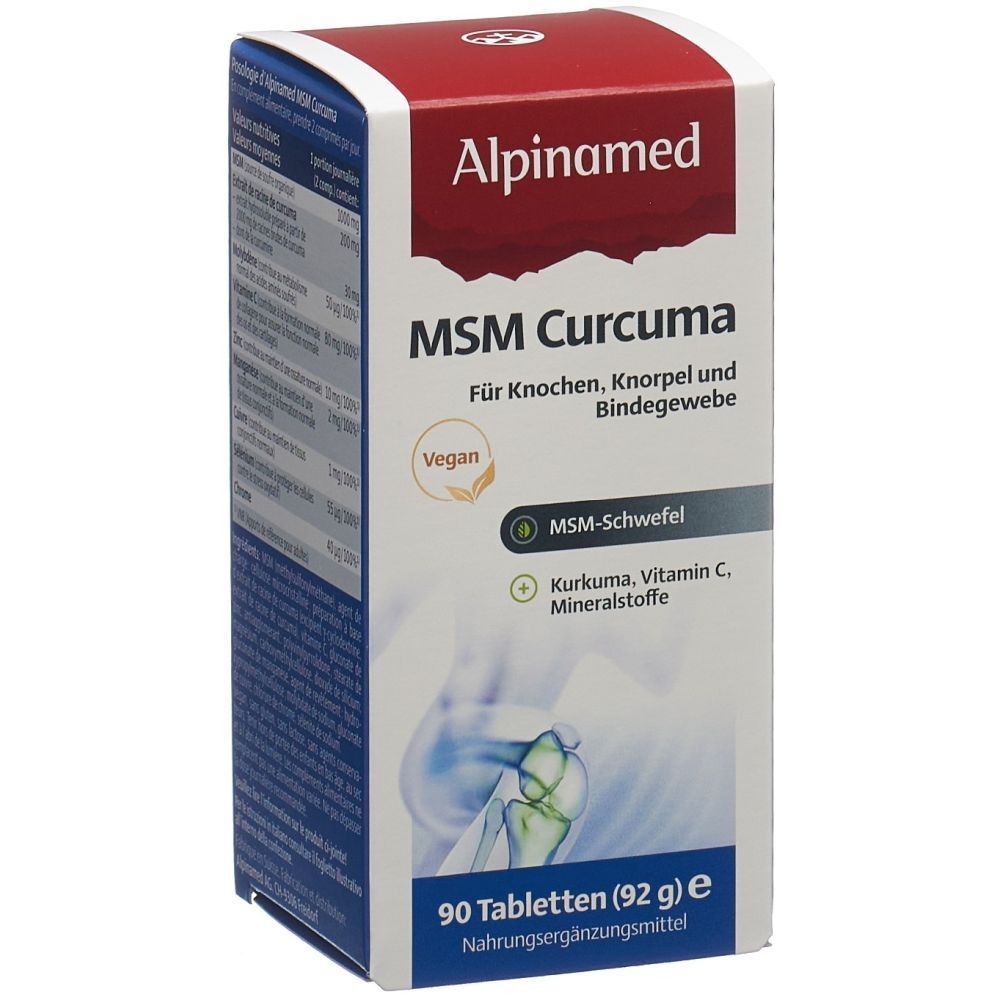 Alpinamed MSM Curcuma, 90 Tabletten. Verpackung mit rotem Deckel und weißer Schrift. Vegan.
