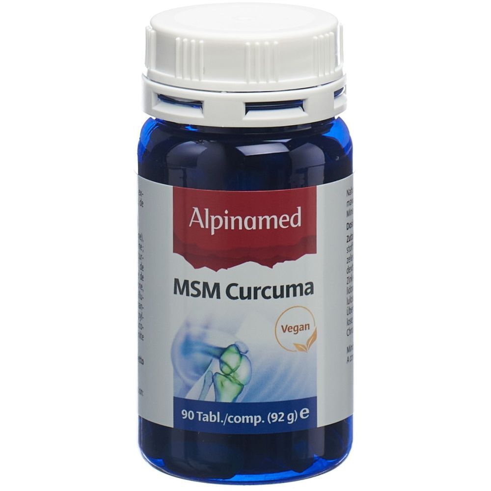 Blaue Flasche mit weißem Deckel. Alpinamed MSM Curcuma, 90 Tabletten. Vegan-Siegel.