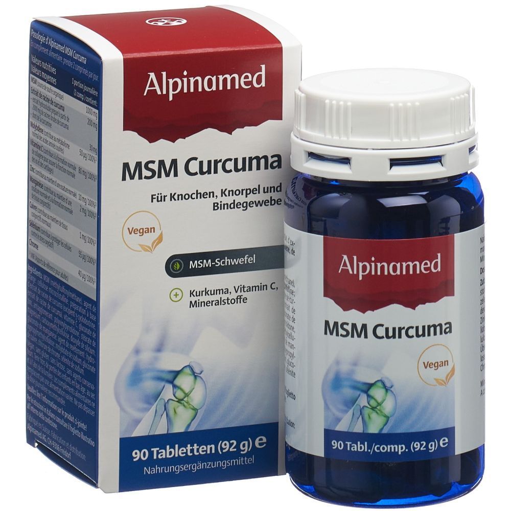 Alpinamed MSM Curcuma, 90 Tabletten. Box und Flasche. Roter Deckel, weiße Schrift. Vegan.