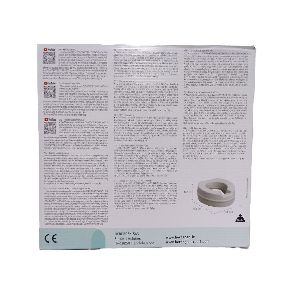 Rückseite der Verpackung. WC-Sitzerhöhung, beige, mit Produktinformationen und Abmessungen. CE-Kennzeichnung.