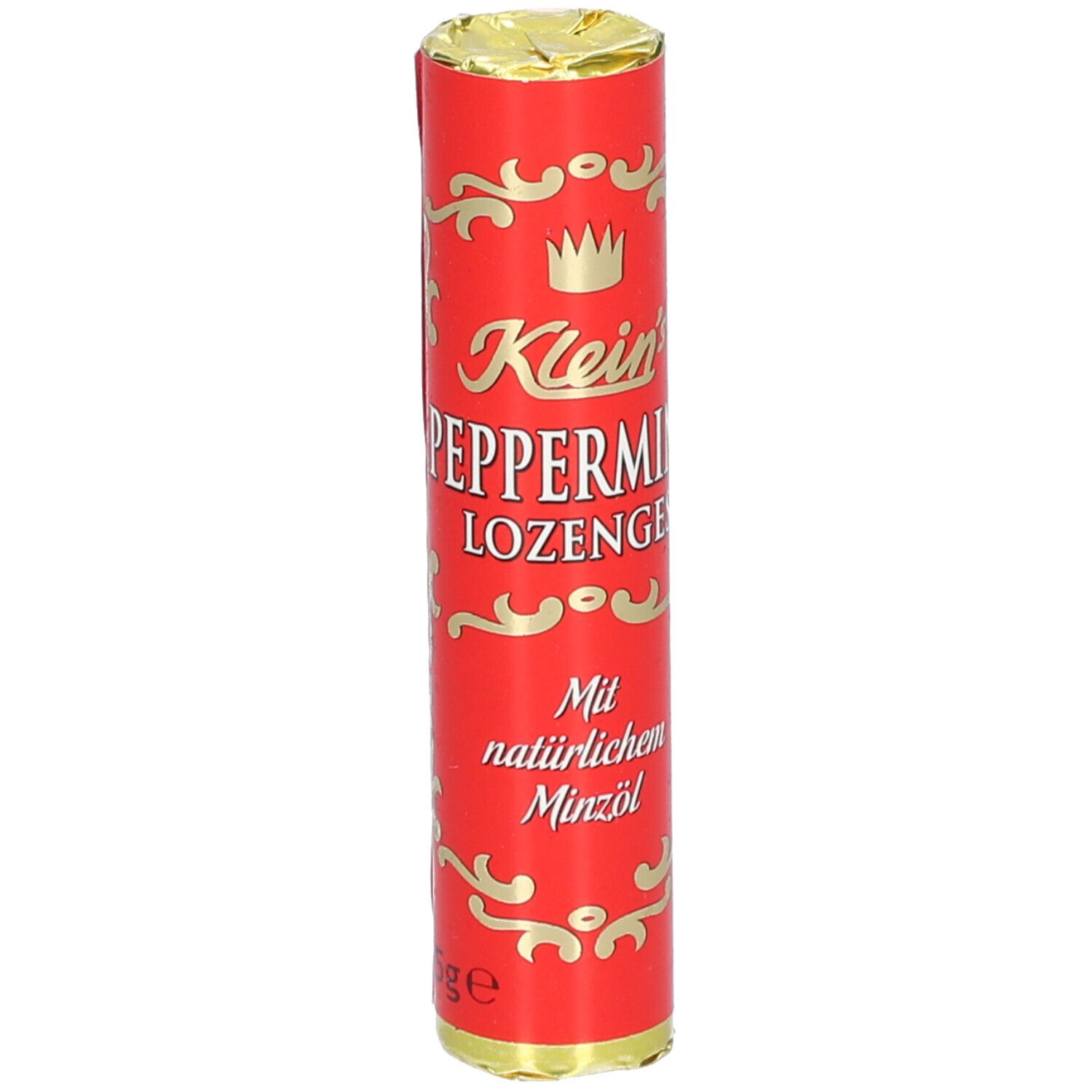 Rote zylindrische Verpackung mit goldfarbenen Verzierungen. Aufschrift: Klein's Pfefferminze Lozenges.