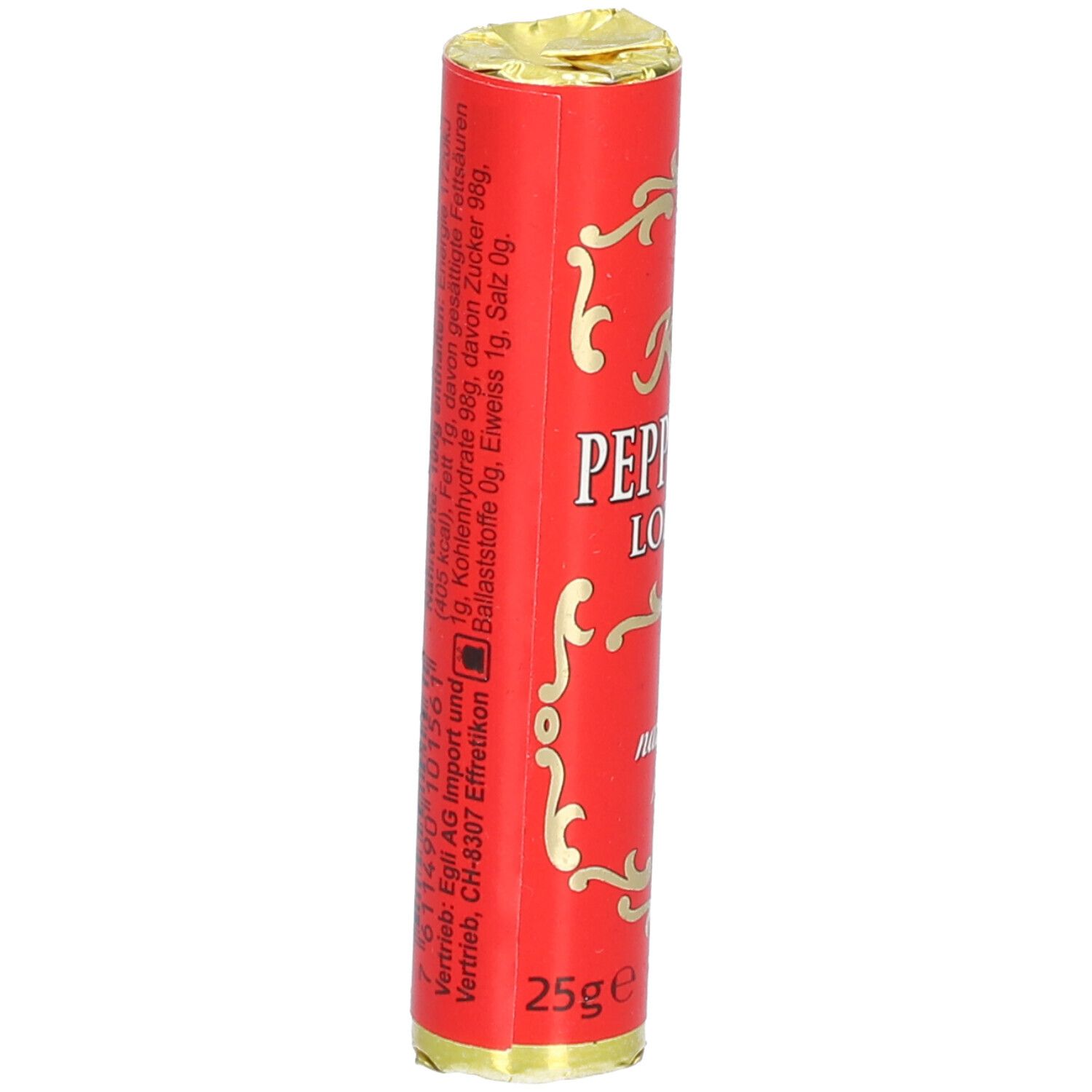 Rote zylindrische Verpackung mit goldfarbenen Verzierungen. Aufschrift: Klein's Pfefferminze Lozenges. 25g.