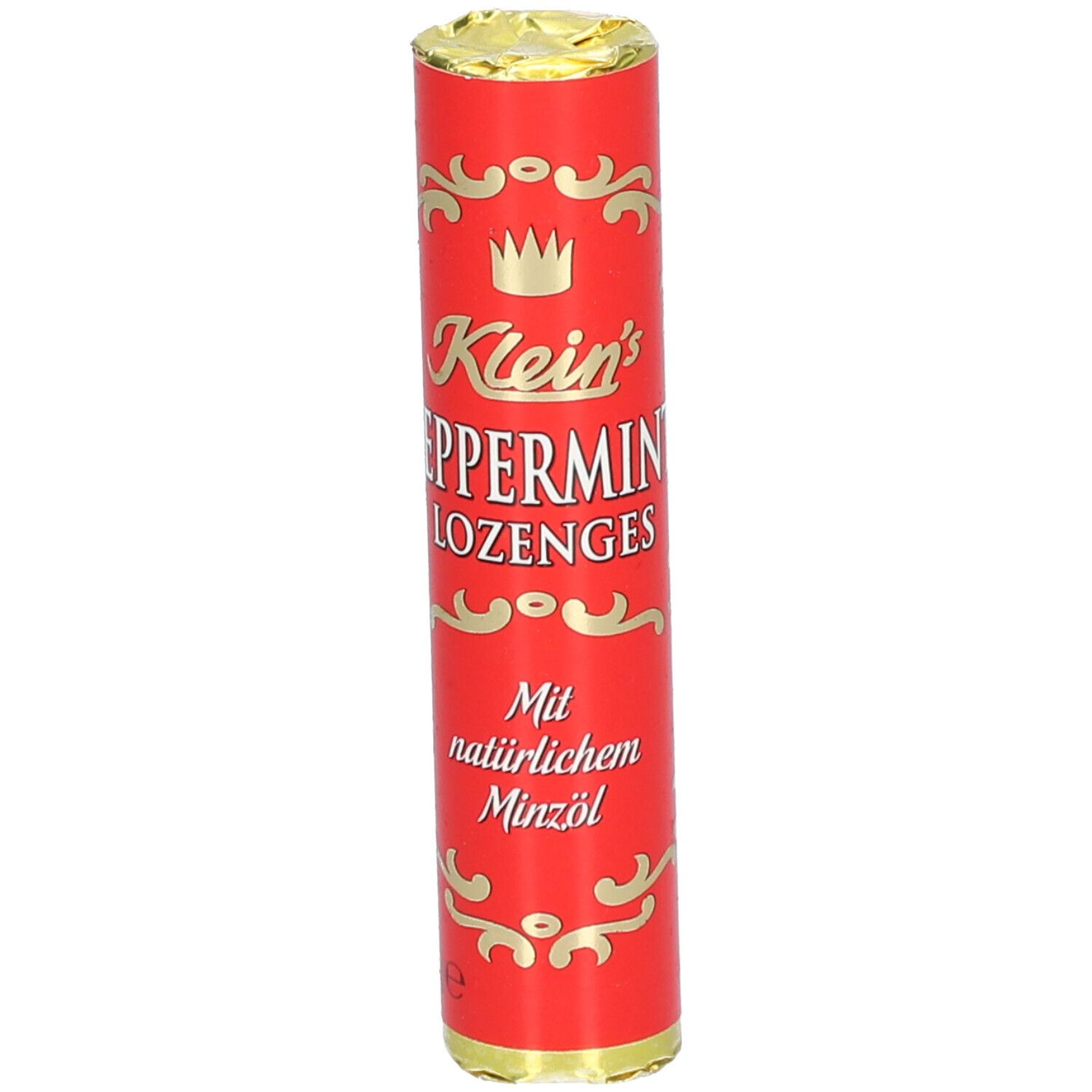 Rote zylindrische Verpackung mit goldfarbenen Verzierungen. Aufschrift: Klein's Pfefferminze Lozenges.