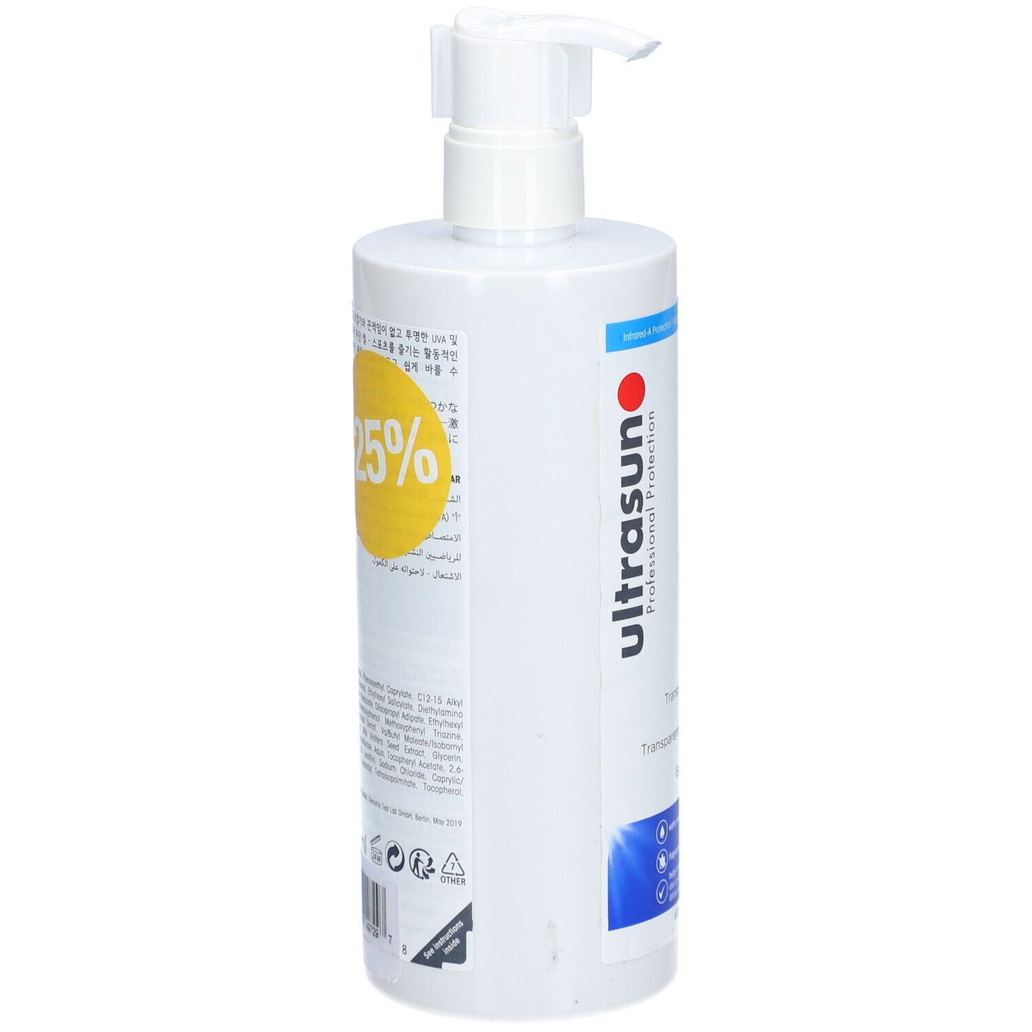 Rückseite des weißen Spenders. ULTRASUN. Aufkleber mit Text und gelbem Kreis mit -25%.
