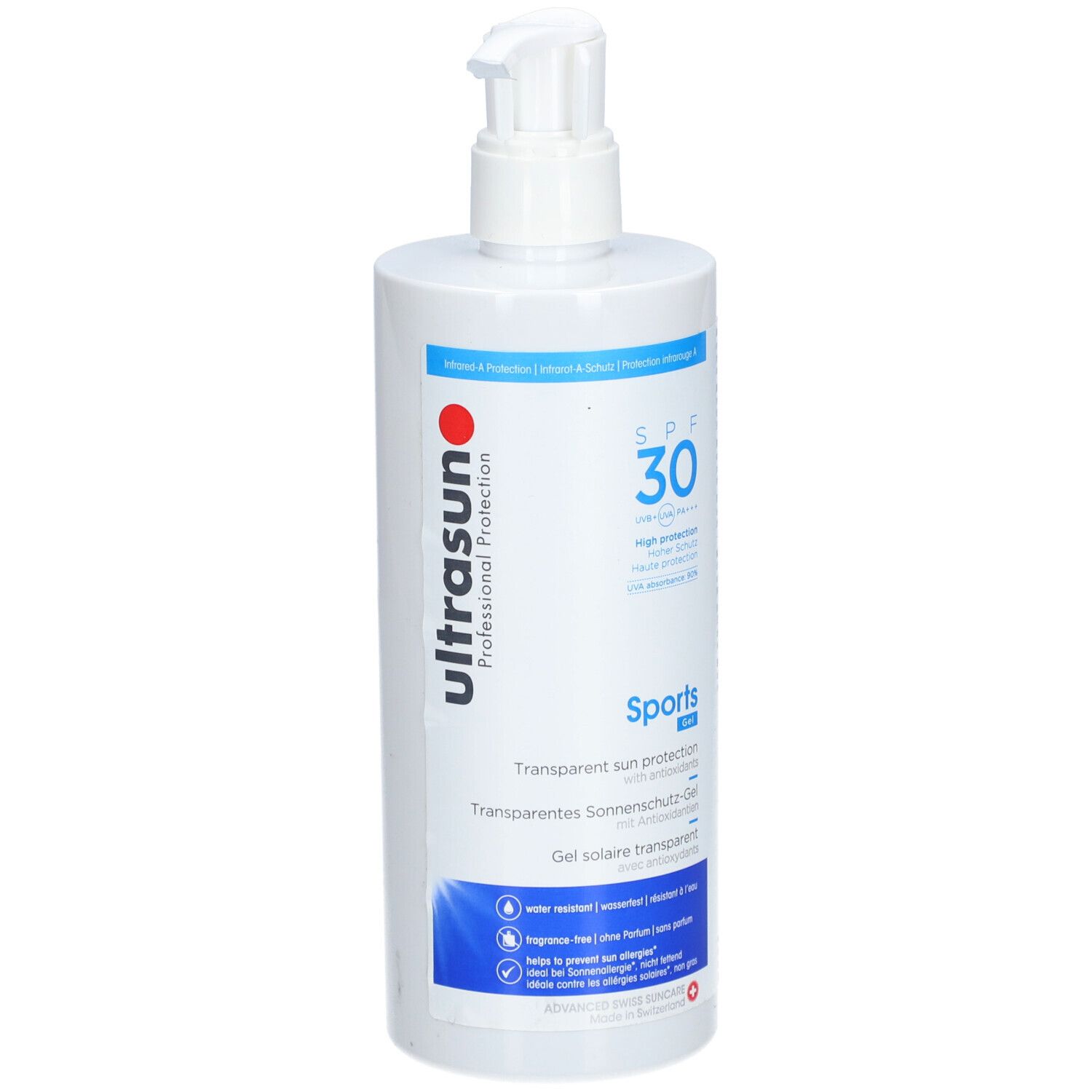 Weißer Spender mit ULTRASUN Sports Gel SPF30. Transparentes Sonnenschutzgel. Mit Pumpkopf.