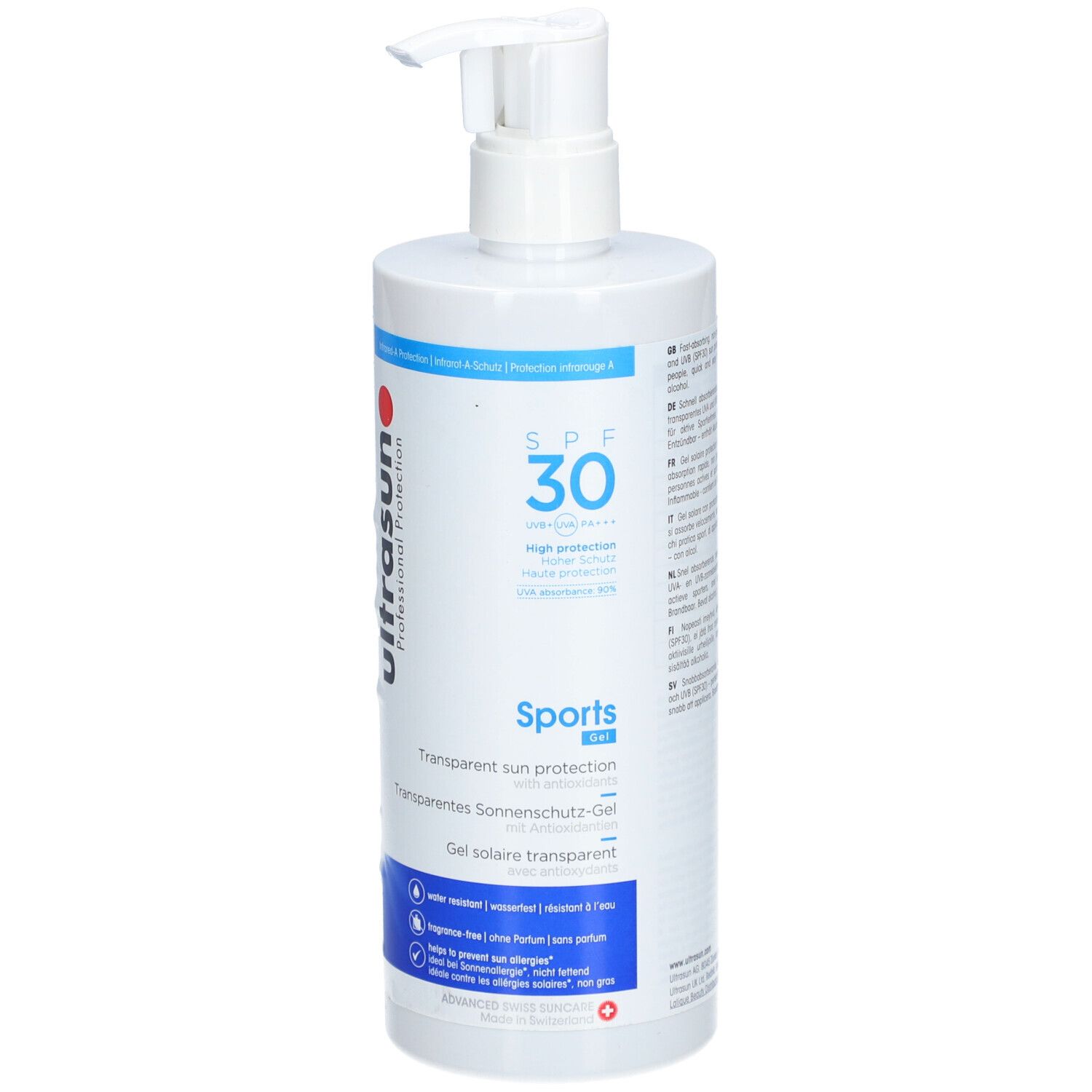 Weißer Spender mit ULTRASUN Sports Gel SPF30. Transparentes Sonnenschutzgel. Mit Pumpkopf.